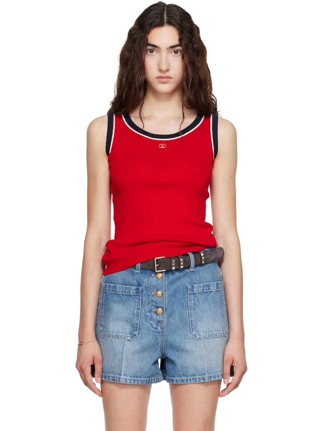 Red Knit Cotton VLogo Tank Top - 1