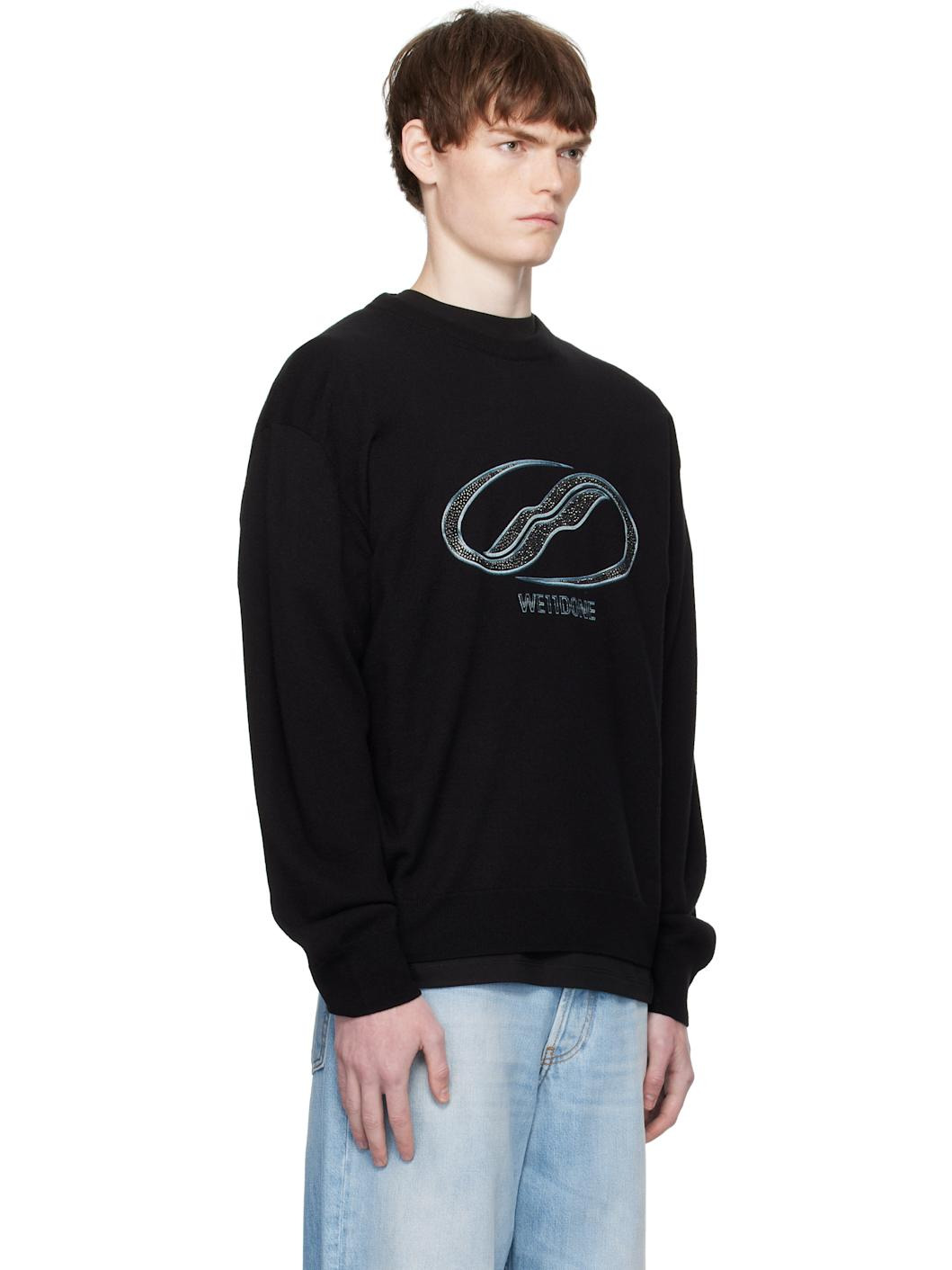 Black Logo Rhinestone Knit Pullover Sweater - 2