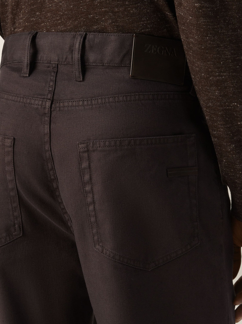 ZEGNA DARK BROWN STRETCH COTTON AND LINEN ROCCIA PANTS outlook