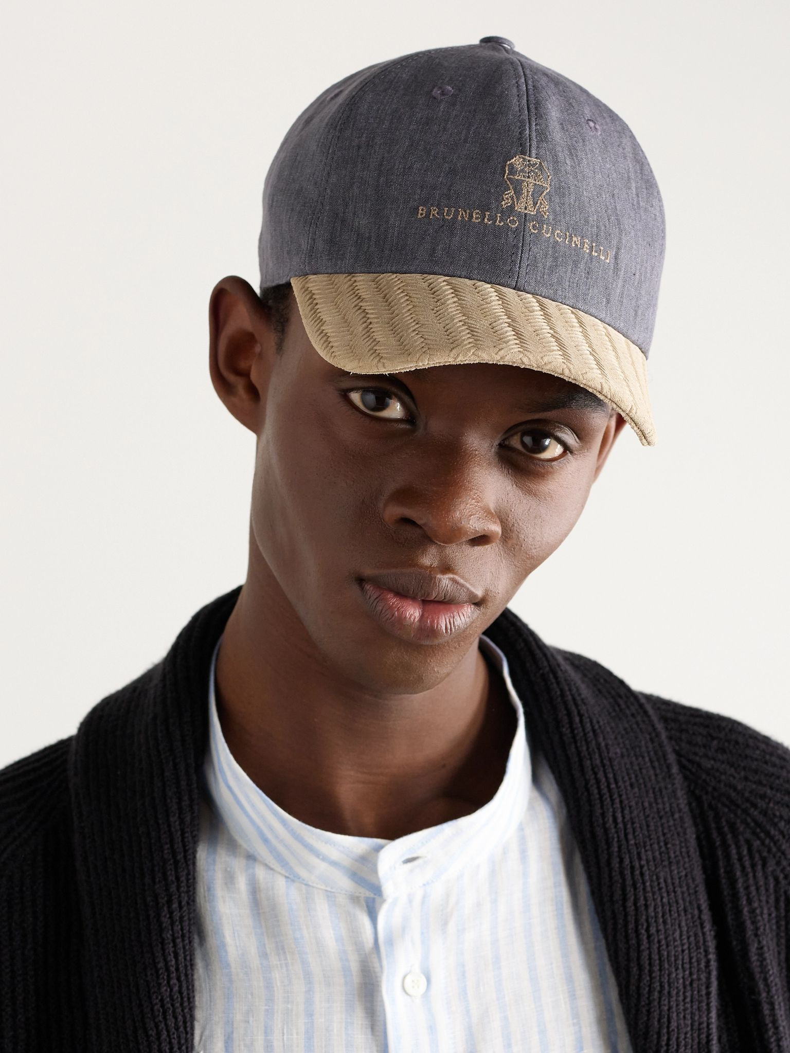 Logo-Embroidered Suede-Trimmed Linen Baseball Cap Dark gray - 2