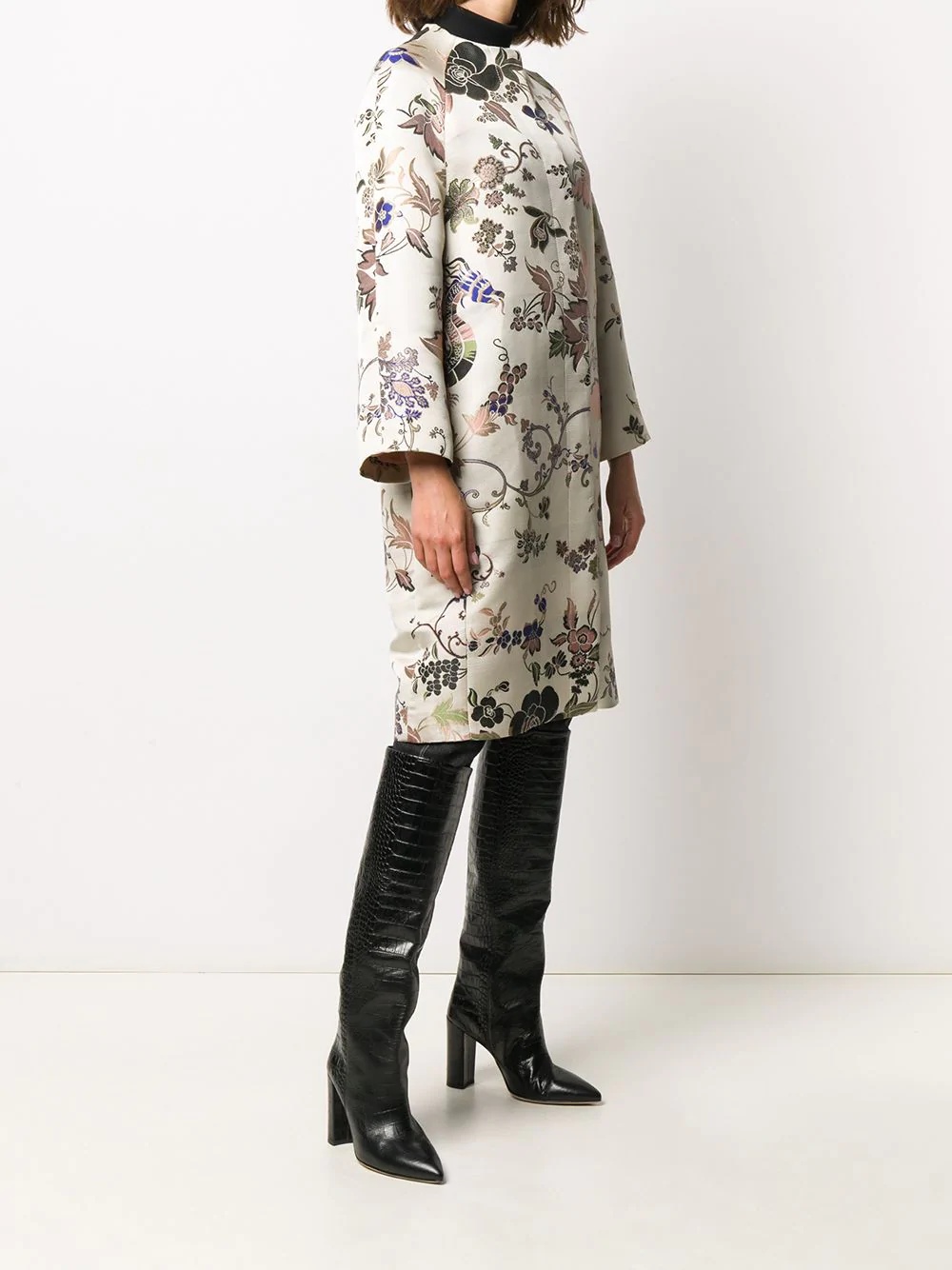 floral-jacquard longline coat - 3