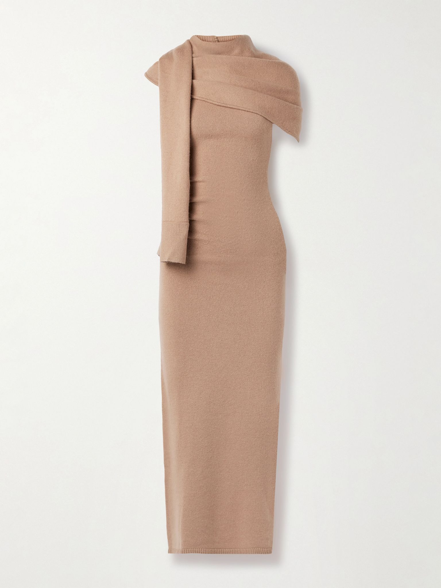 Hathaway scarf-effect draped wool and recycled cashmere-blend midi dress Camel - 1