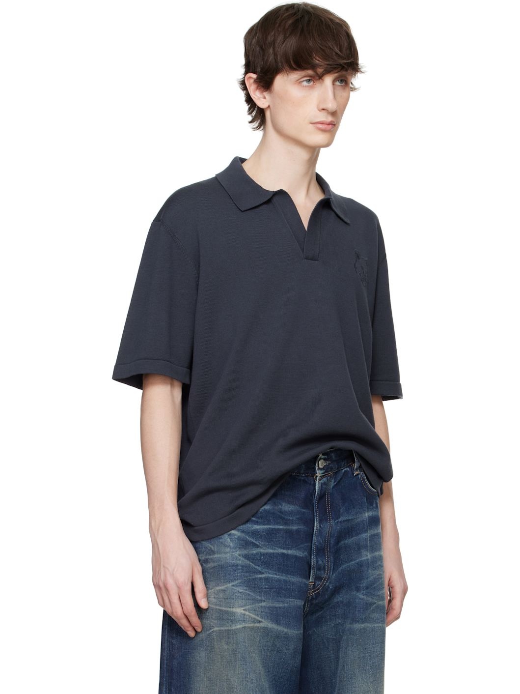 Gray Bold Fox Head Embroidered Knitted Polo - 2