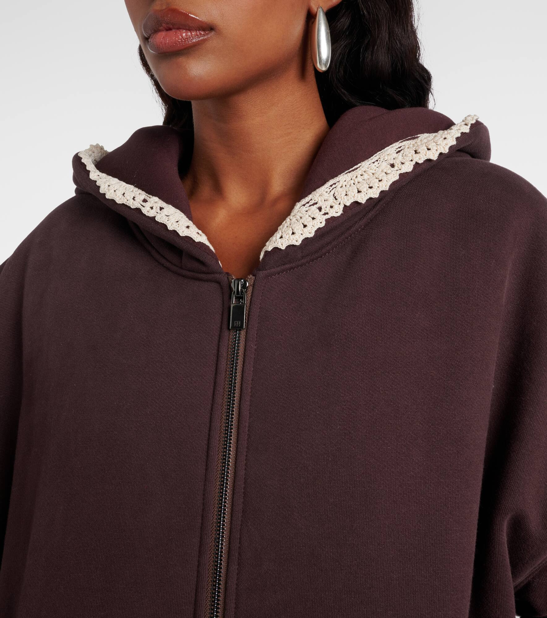 Crochet-trimmed cotton zip-up hoodie - 4