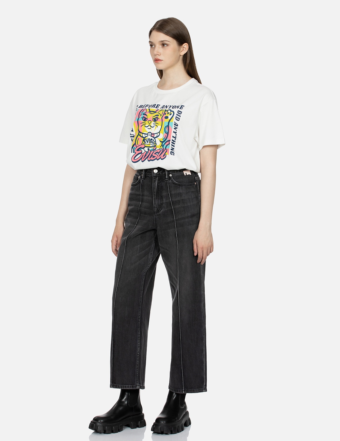 SEAGULL EMBROIDERY WITH LOGO-PATTERN POCKET WIDE-LEG DENIM JEANS - 4