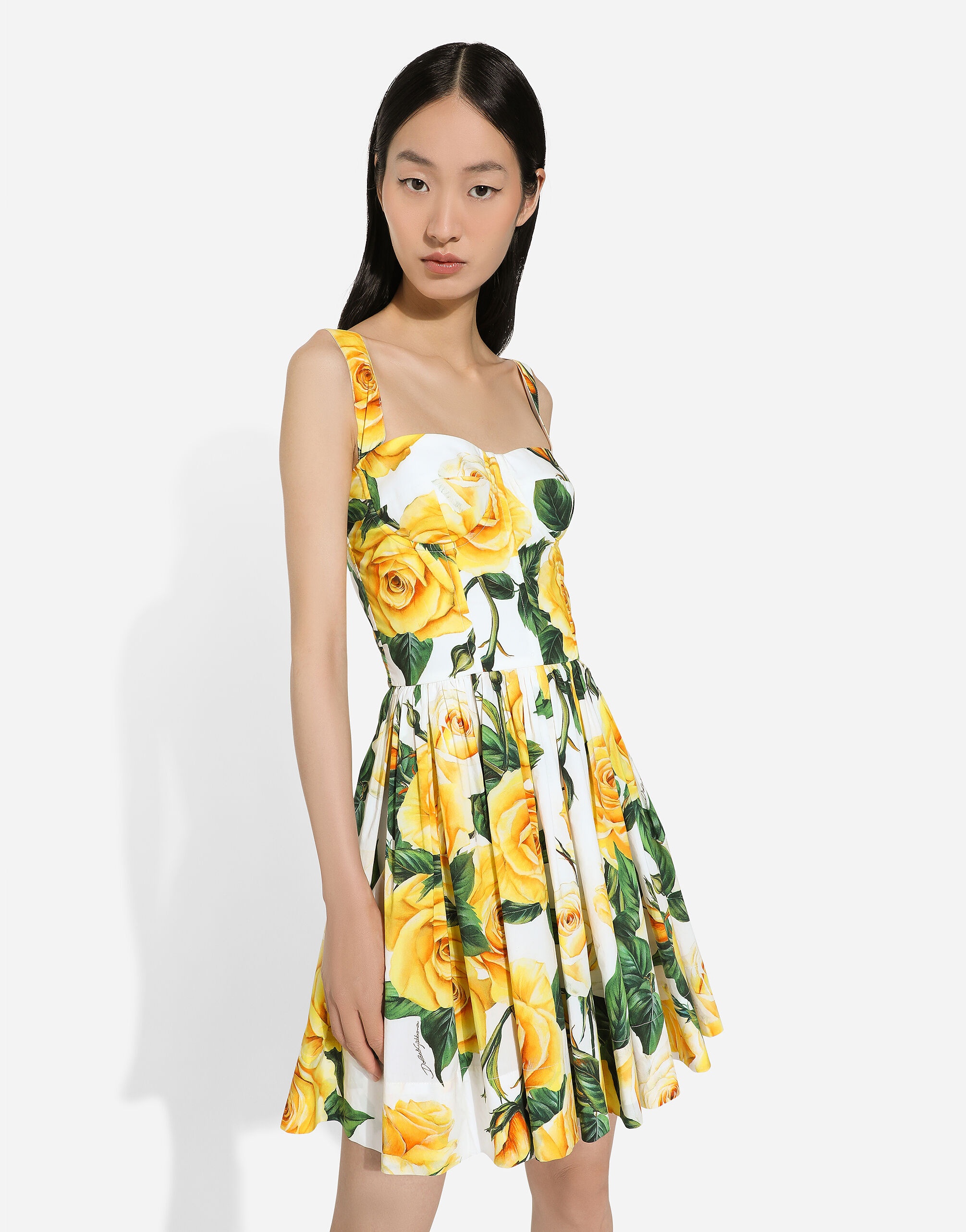 Dolce & Gabbana ローズ コットン ミニ ドレス イエロー Dolce & Gabbana - Yellow Rose Print Stretch Cotton Mini Dress