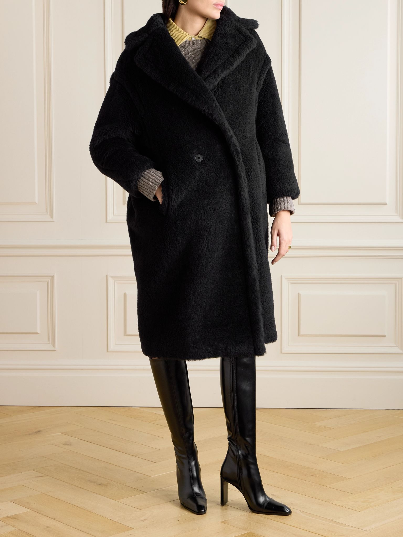 Tedgirl double-breasted alpaca, wool and silk-blend coat Black - 3