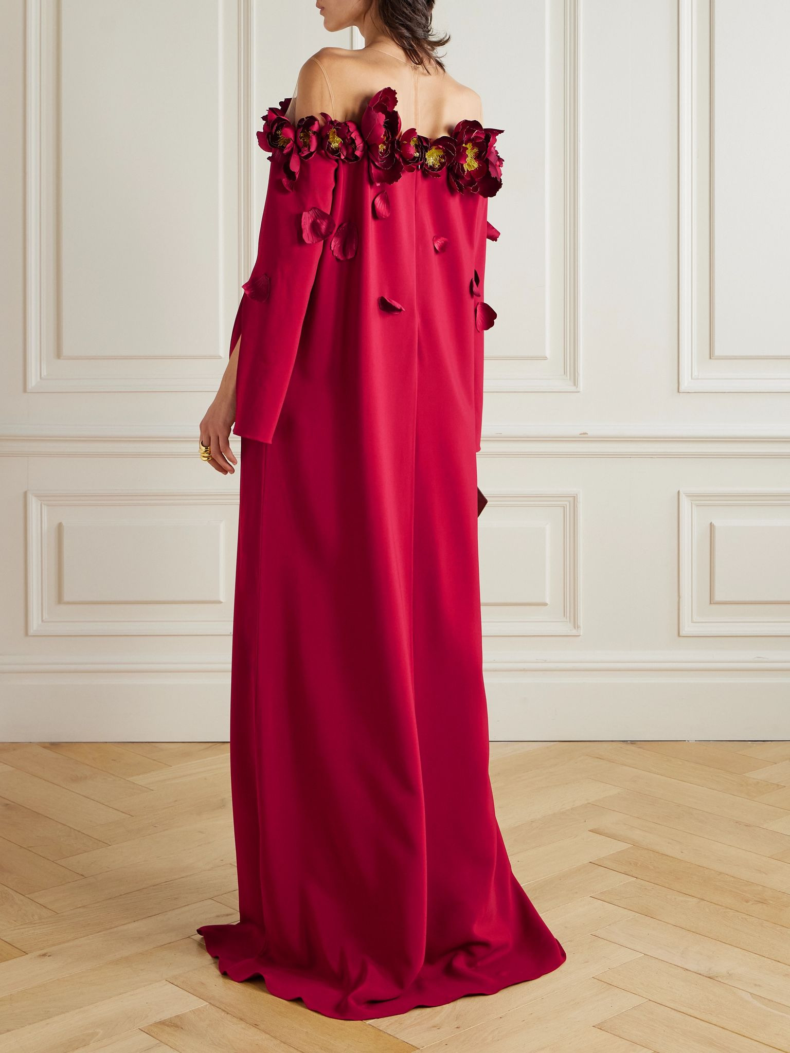 Embellished mesh-trimmed crepe gown Red - 3