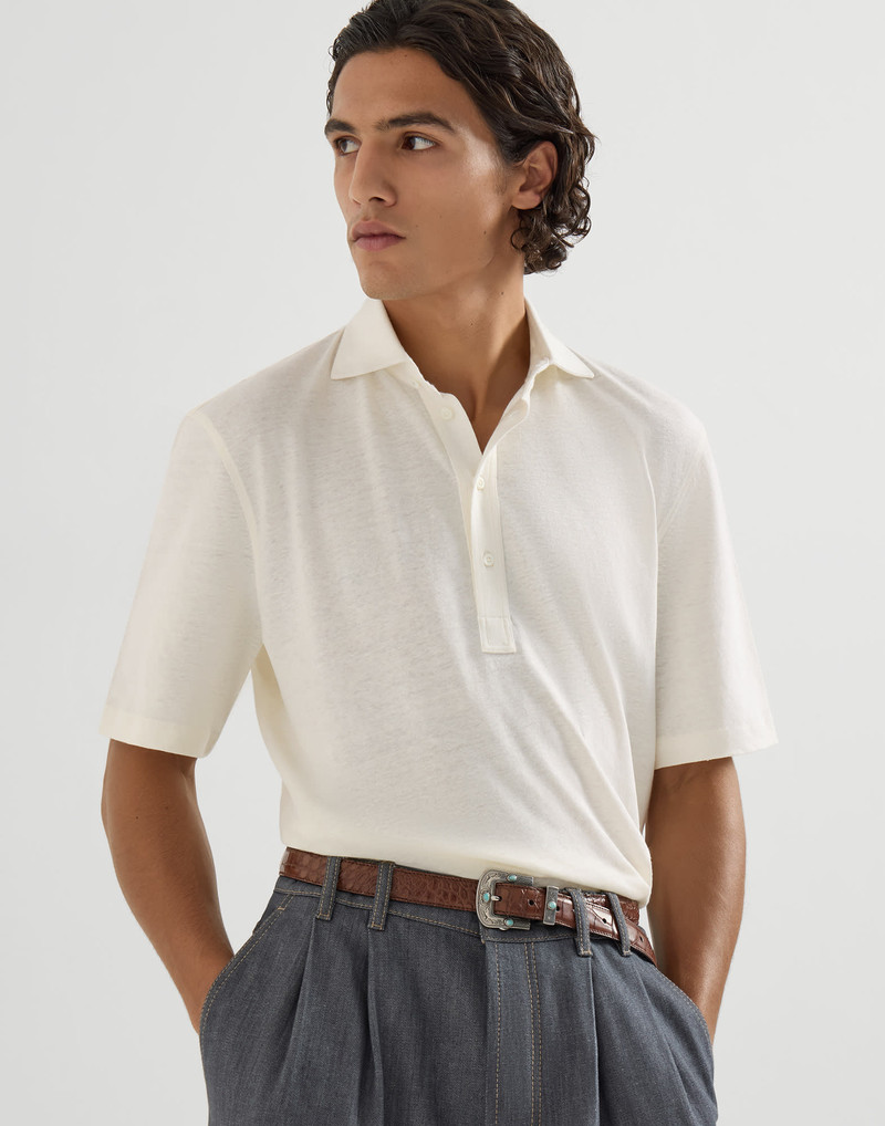 Linen and cotton mélange jersey polo with shirt-style collar 5