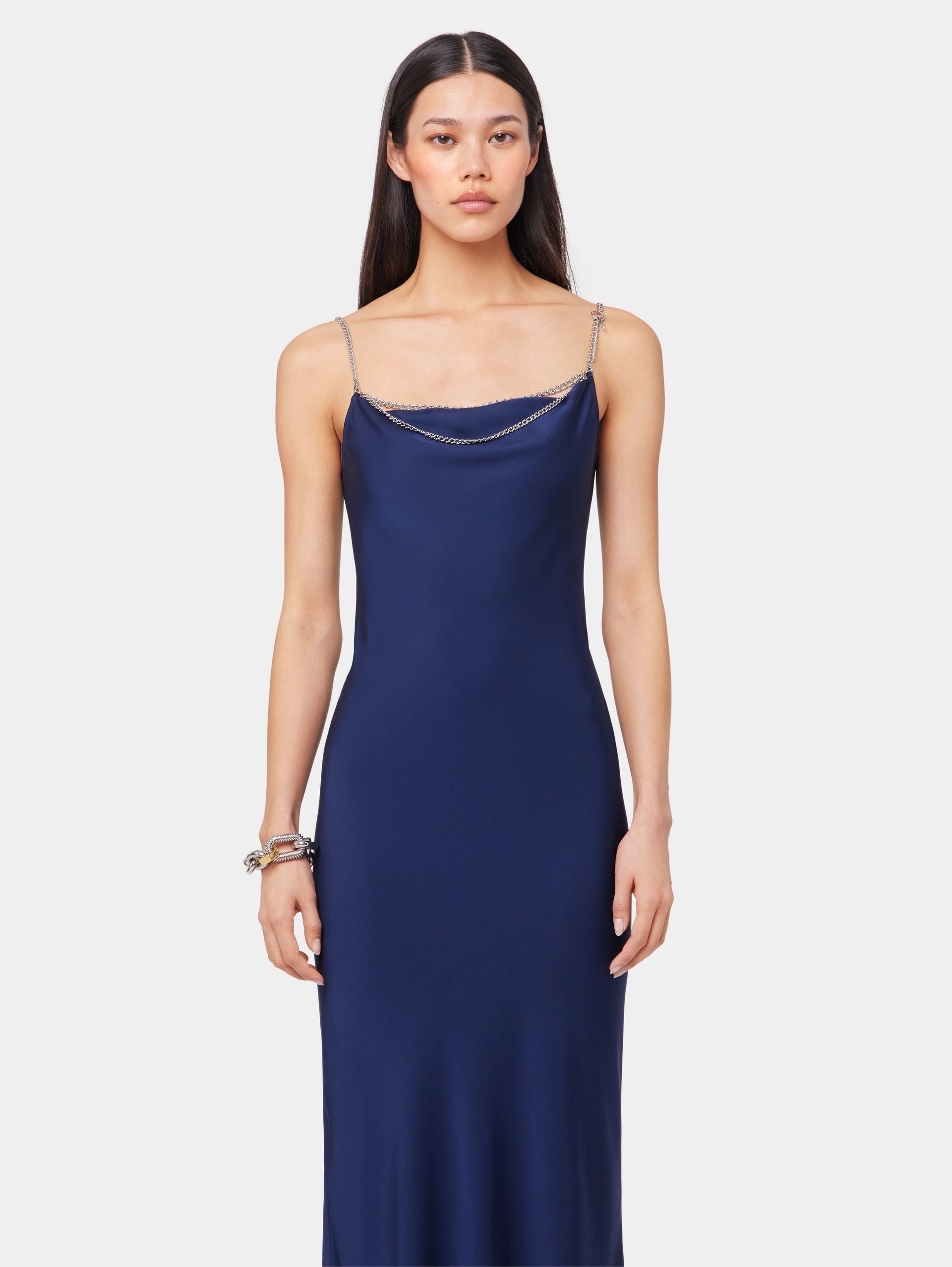 BLUE NAVY LONG SLEEVELESS DRESS IN SATIN - 6