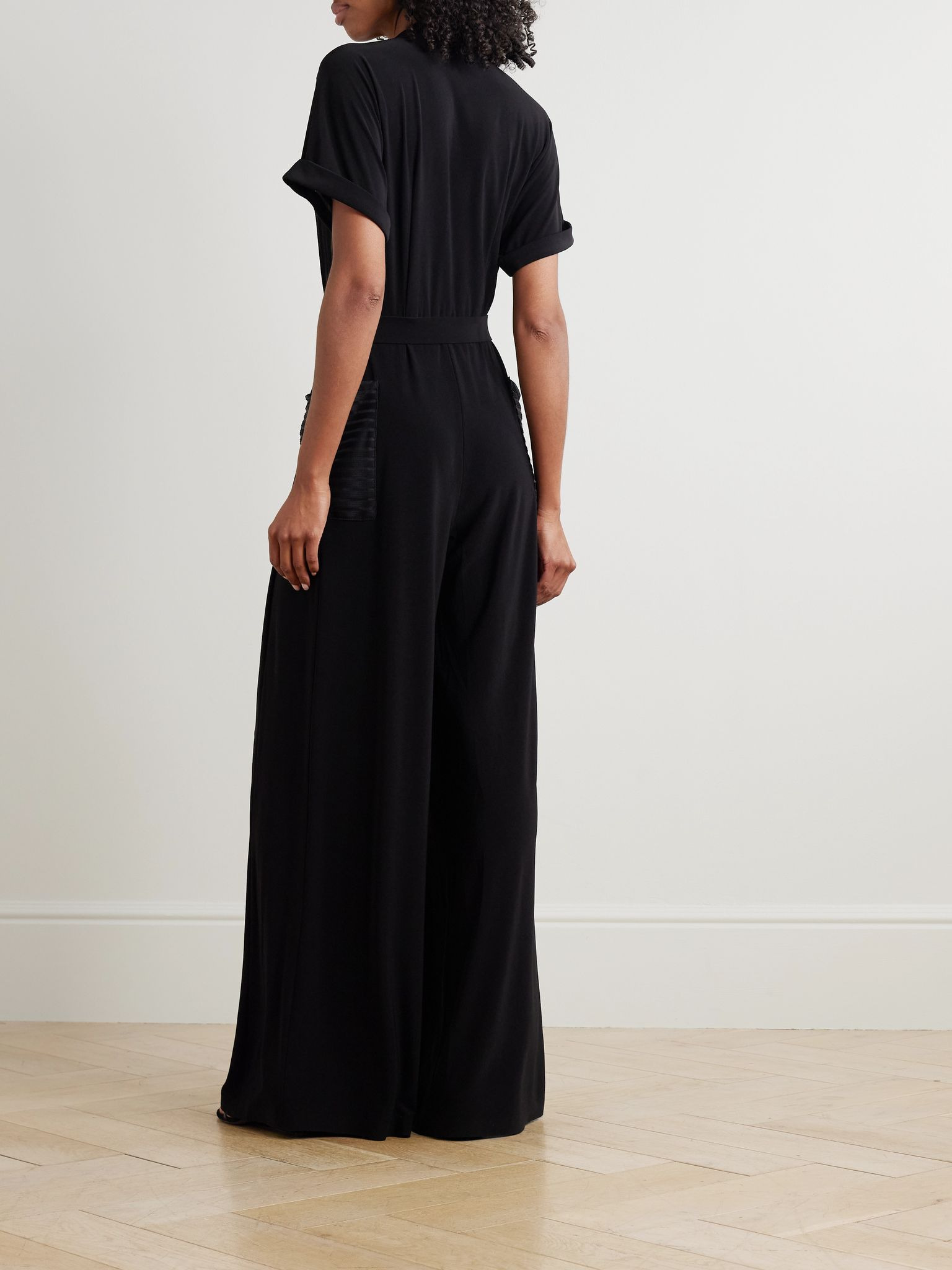 Geralyn belted paneled jersey and mesh jumpsuit Black - 3