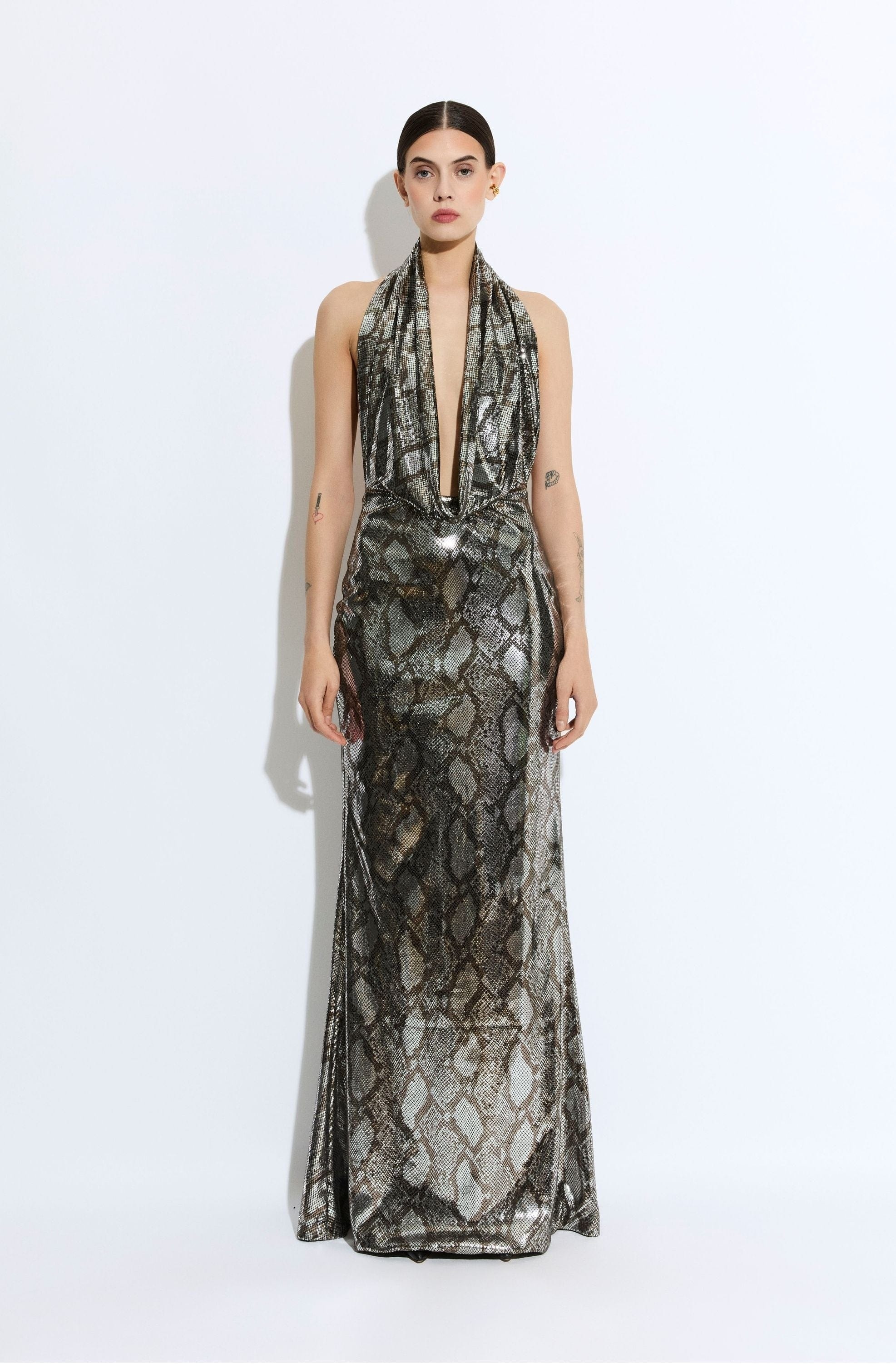Metal Snake Deep Cowl Neck Gown - 2