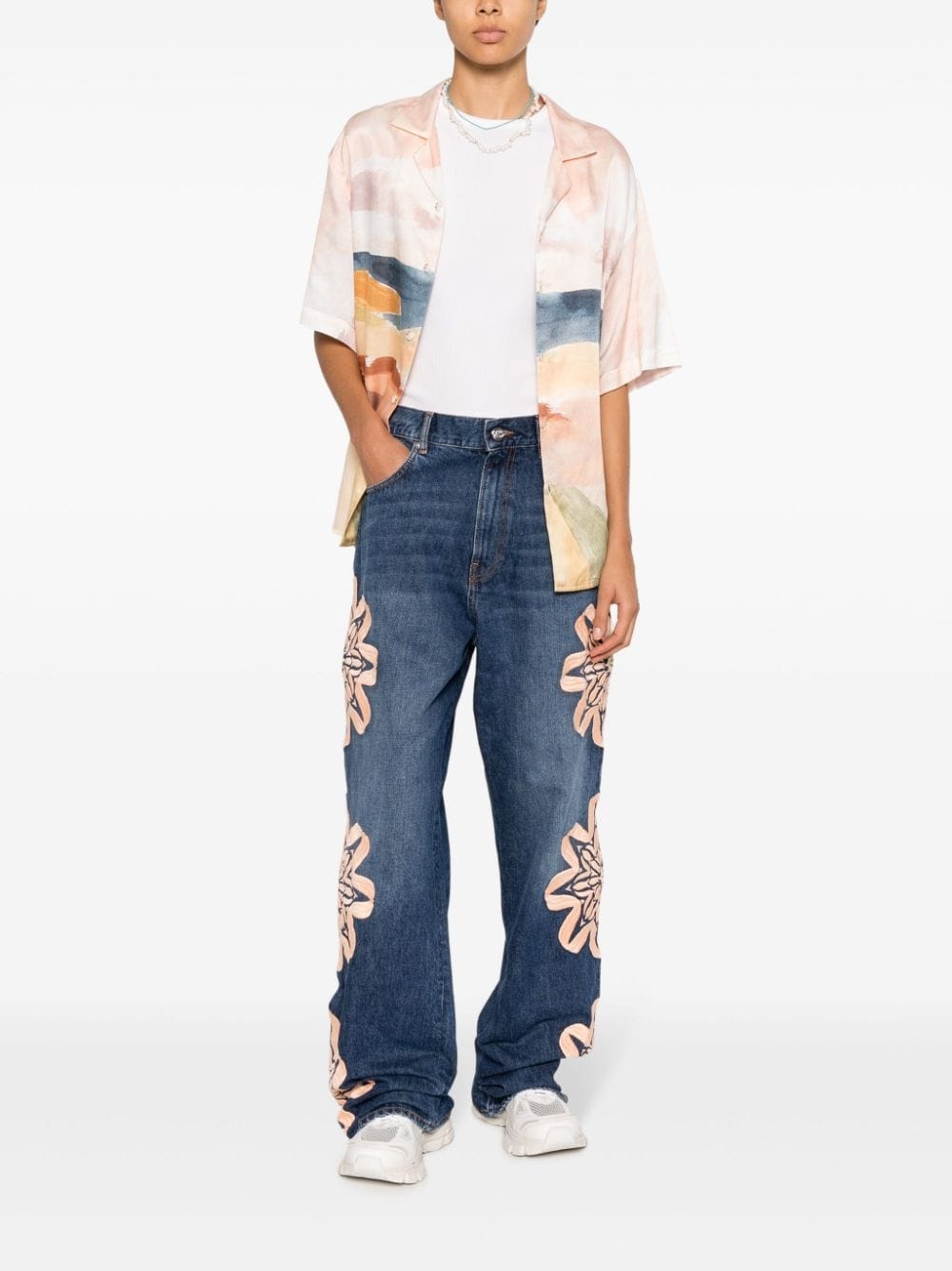 floral-embroidered bootcut jeans - 3