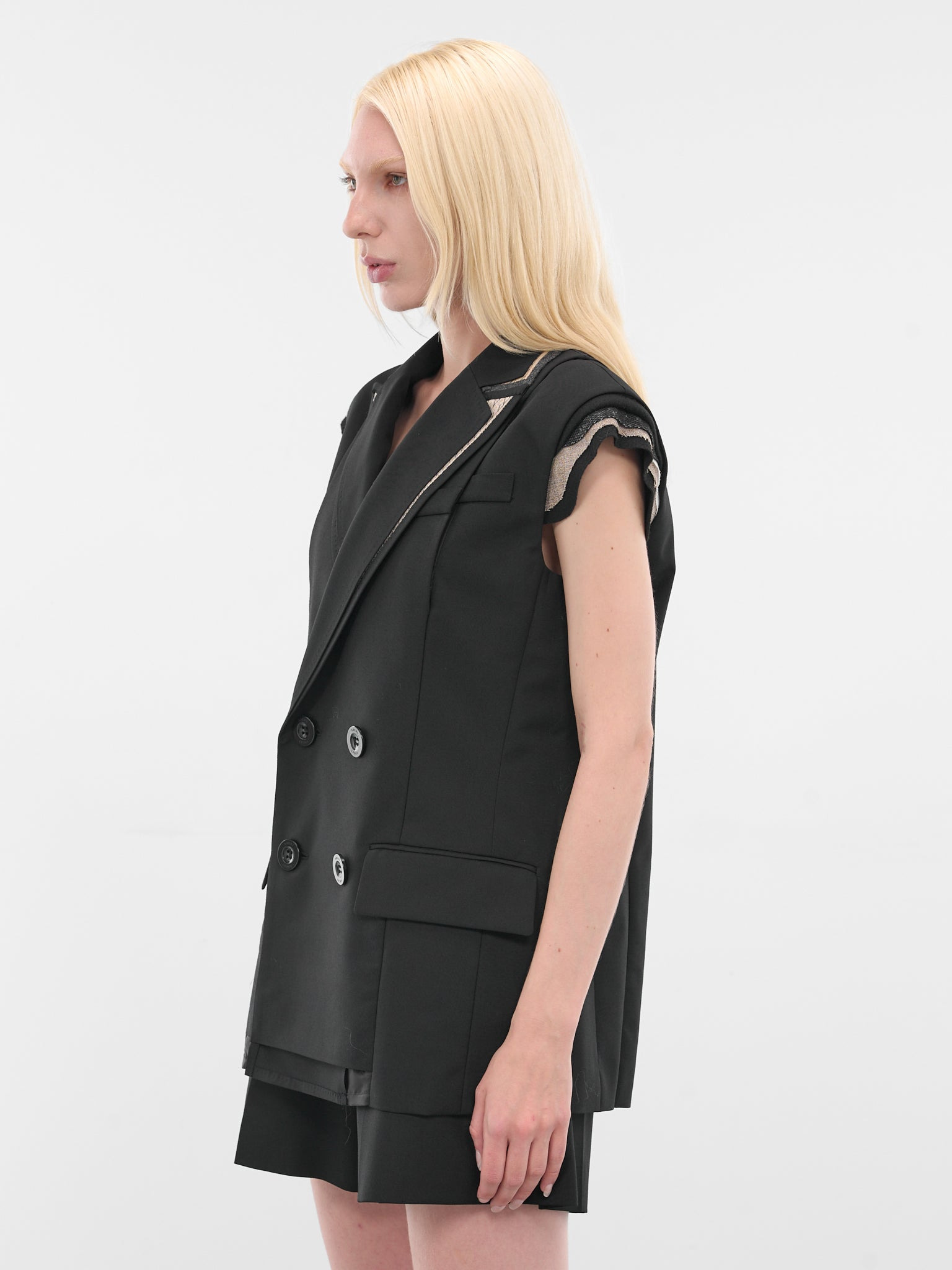 Black Deconstructed Wool Blazer Vest - 2