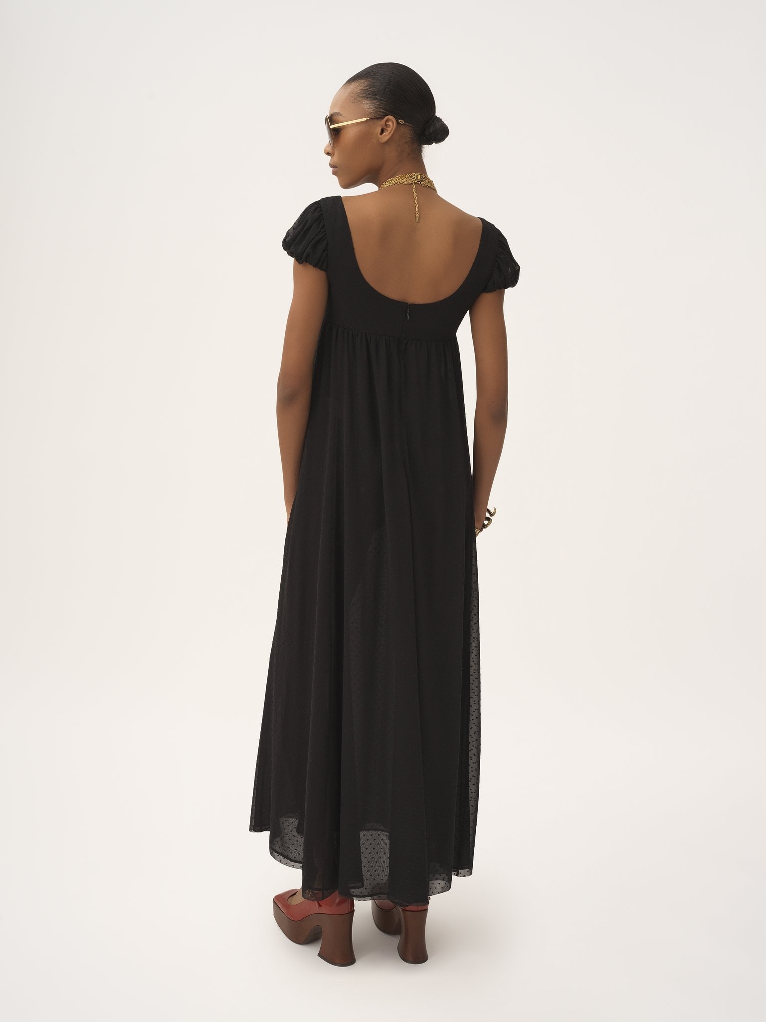 PUFF-SLEEVE LONG DRESS IN SILK PLUMETIS - 5