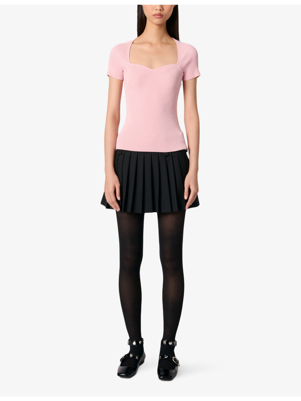 Sweetheart-neck short-sleeve stretch-knit jumper - 2