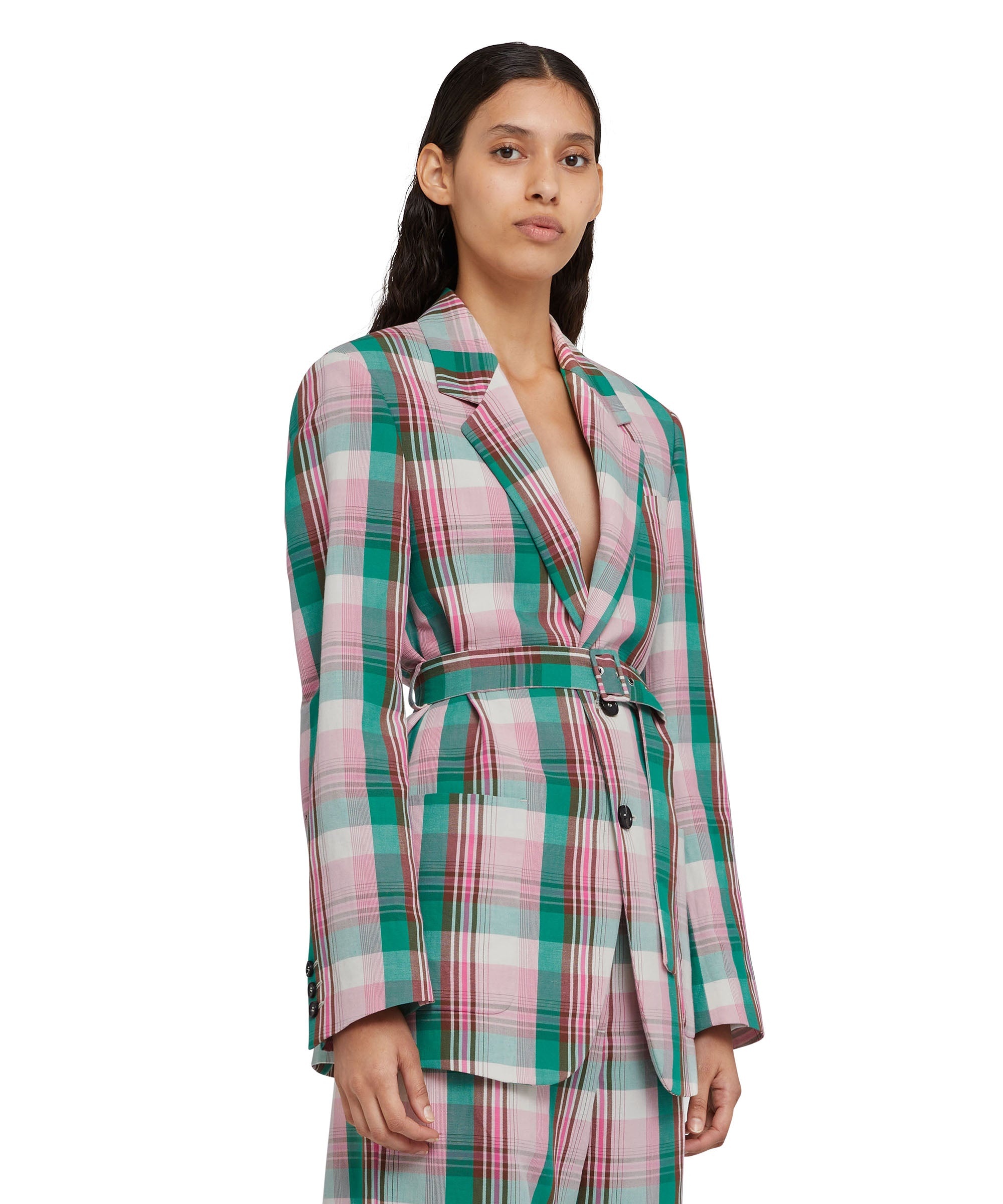 Madras linen single-breasted blazer with belt - 4