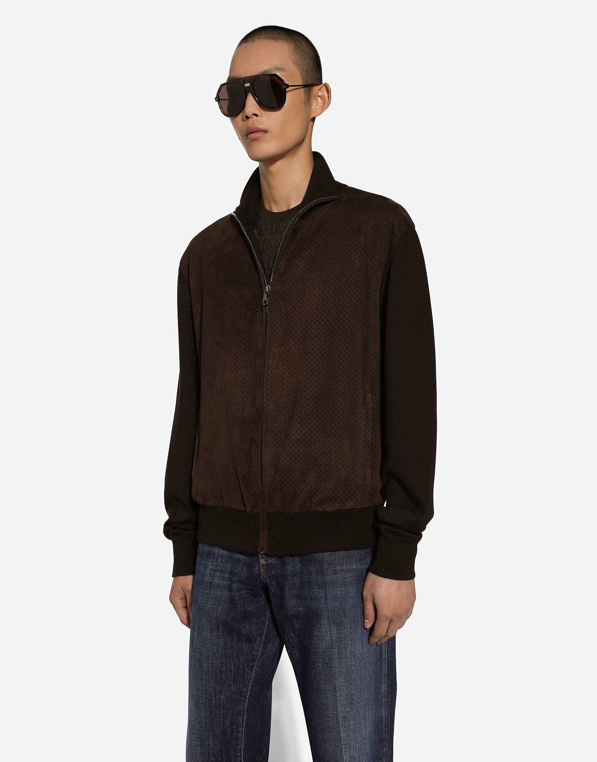High-necked leather and wool jacket - 4