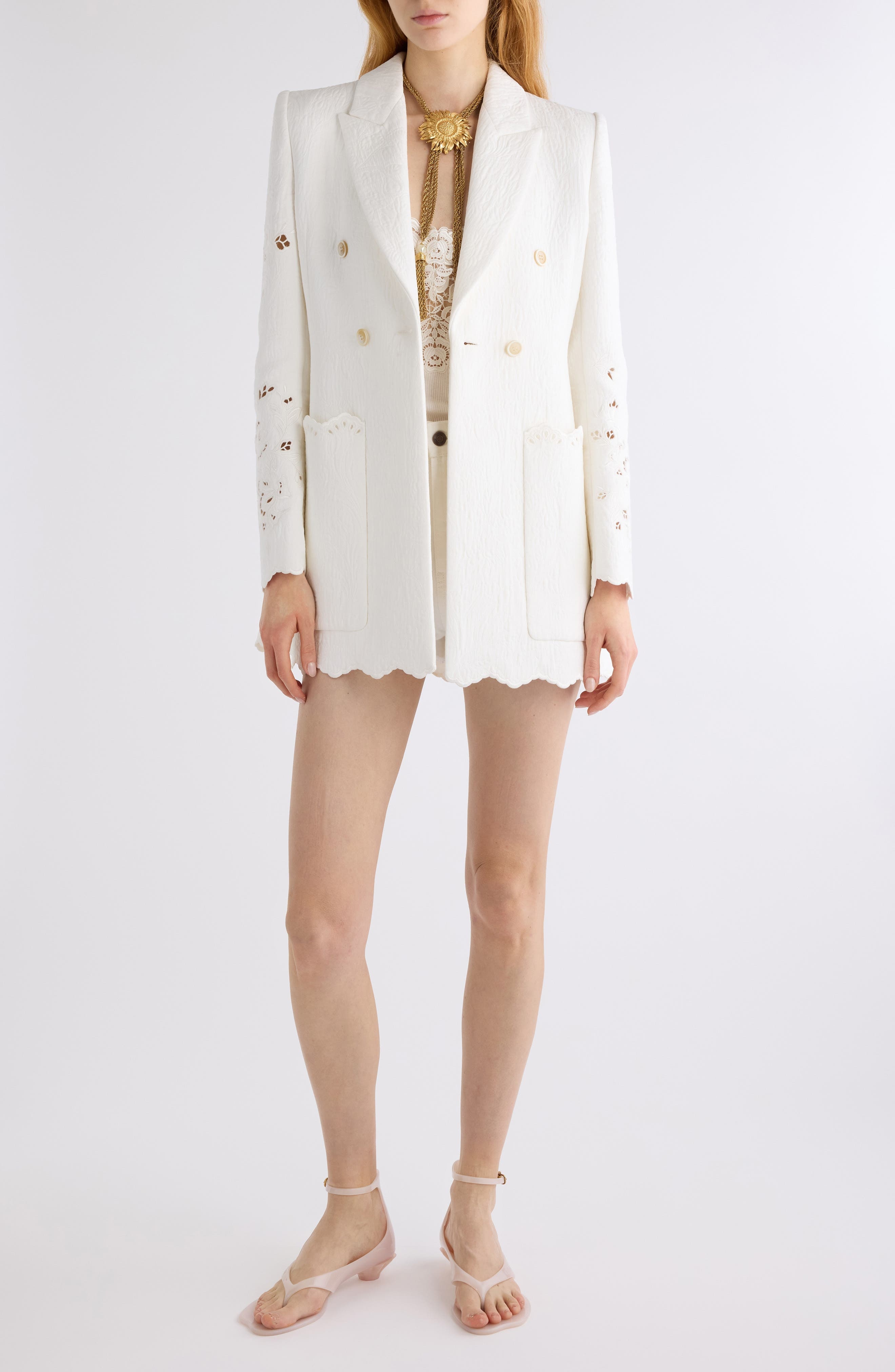 Chloé Eyelet Floral Jacquard Double Breasted Cotton Blend Jacket in Iconic Milk at Nordstrom - 2