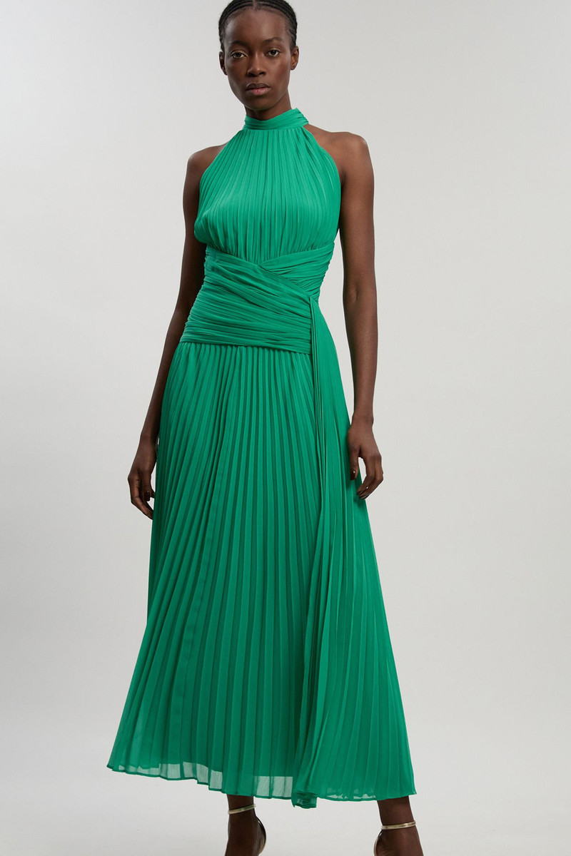 KAREN MILLEN Petite Pleated Twist Front Woven Halter Midi Dress outlook