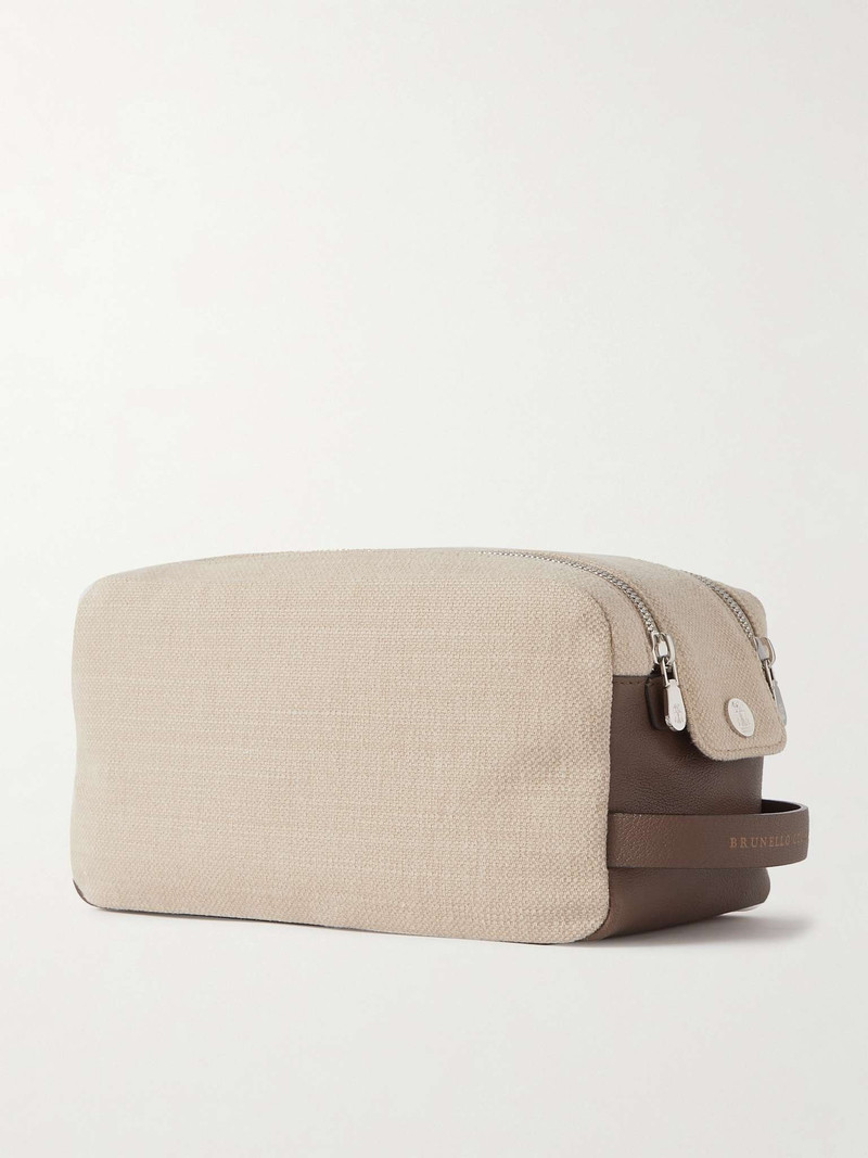Leather-Trimmed Cotton and Linen-Blend Wash Bag 3