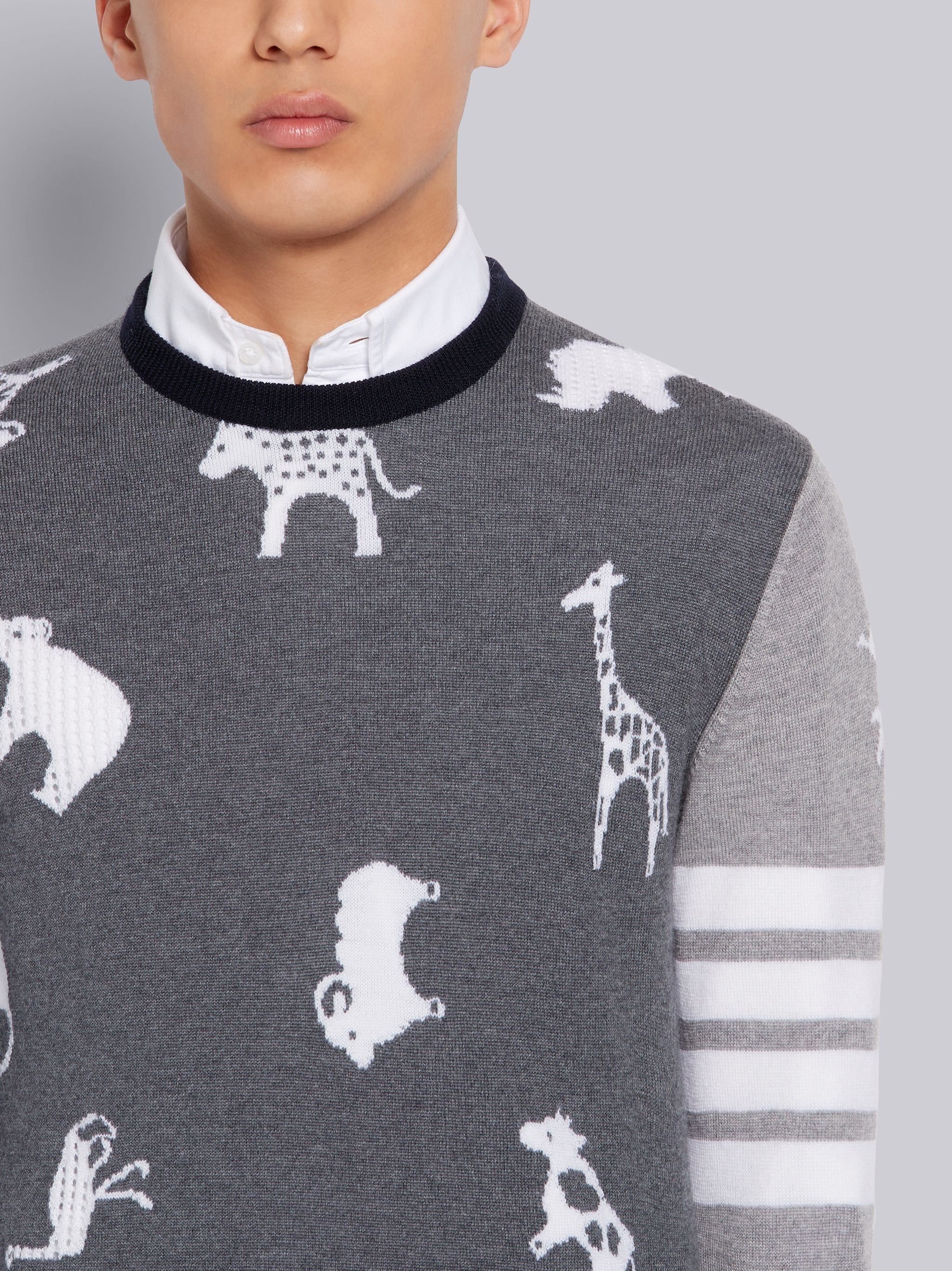 Fun-Mix Fine Merino Wool Animal Icon Crewneck 4-Bar Pullover - 5