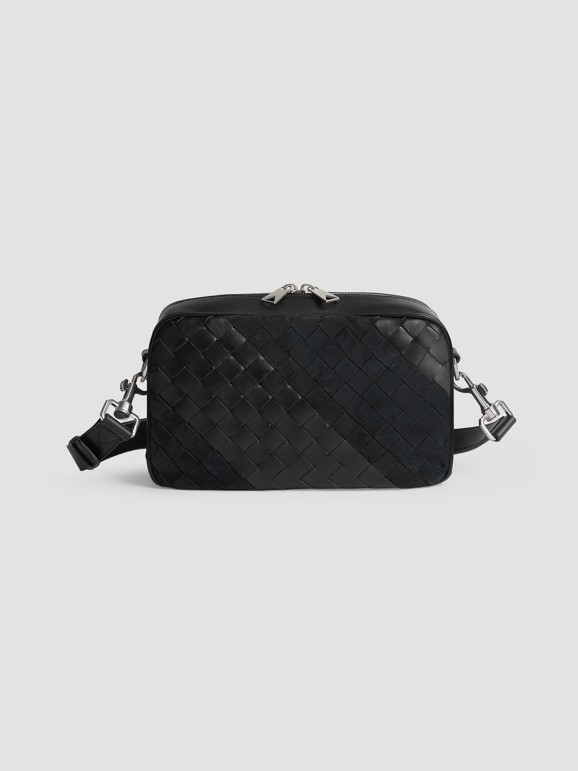 Men's Small Intrecciato Leather & Suede Crossbody Camera Bag - Black Silver - 1