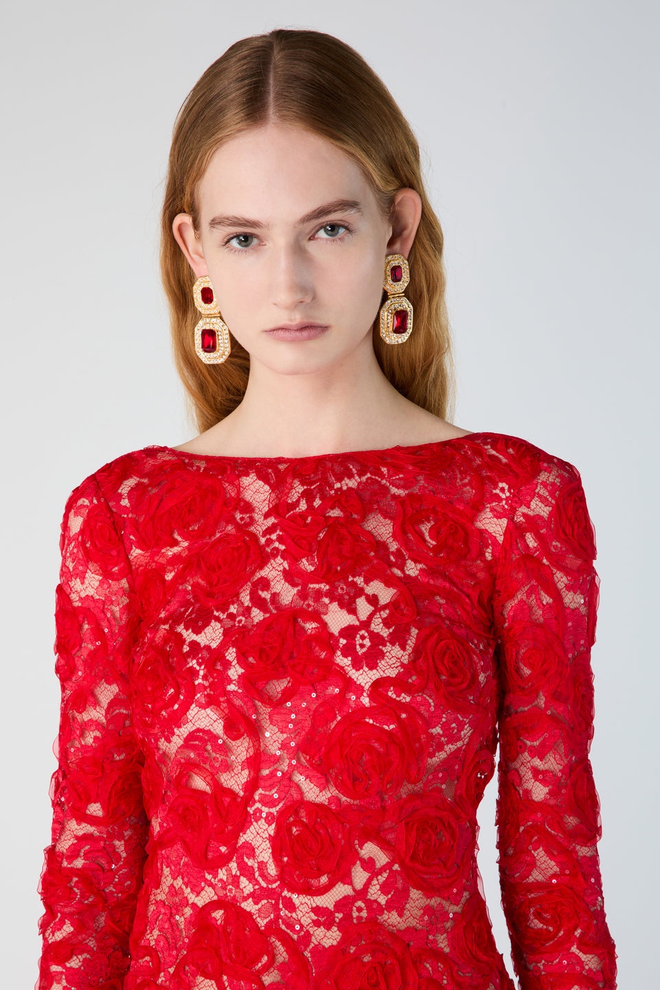 OPEN BACK LACE DRESS WITH SEQUIN, ROSE EMBROIDERY - 6