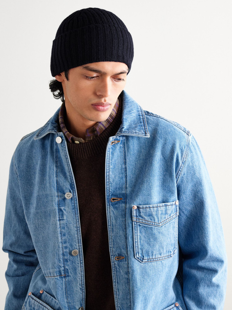 Drake's Ribbed Wool Beanie Blue outlook
