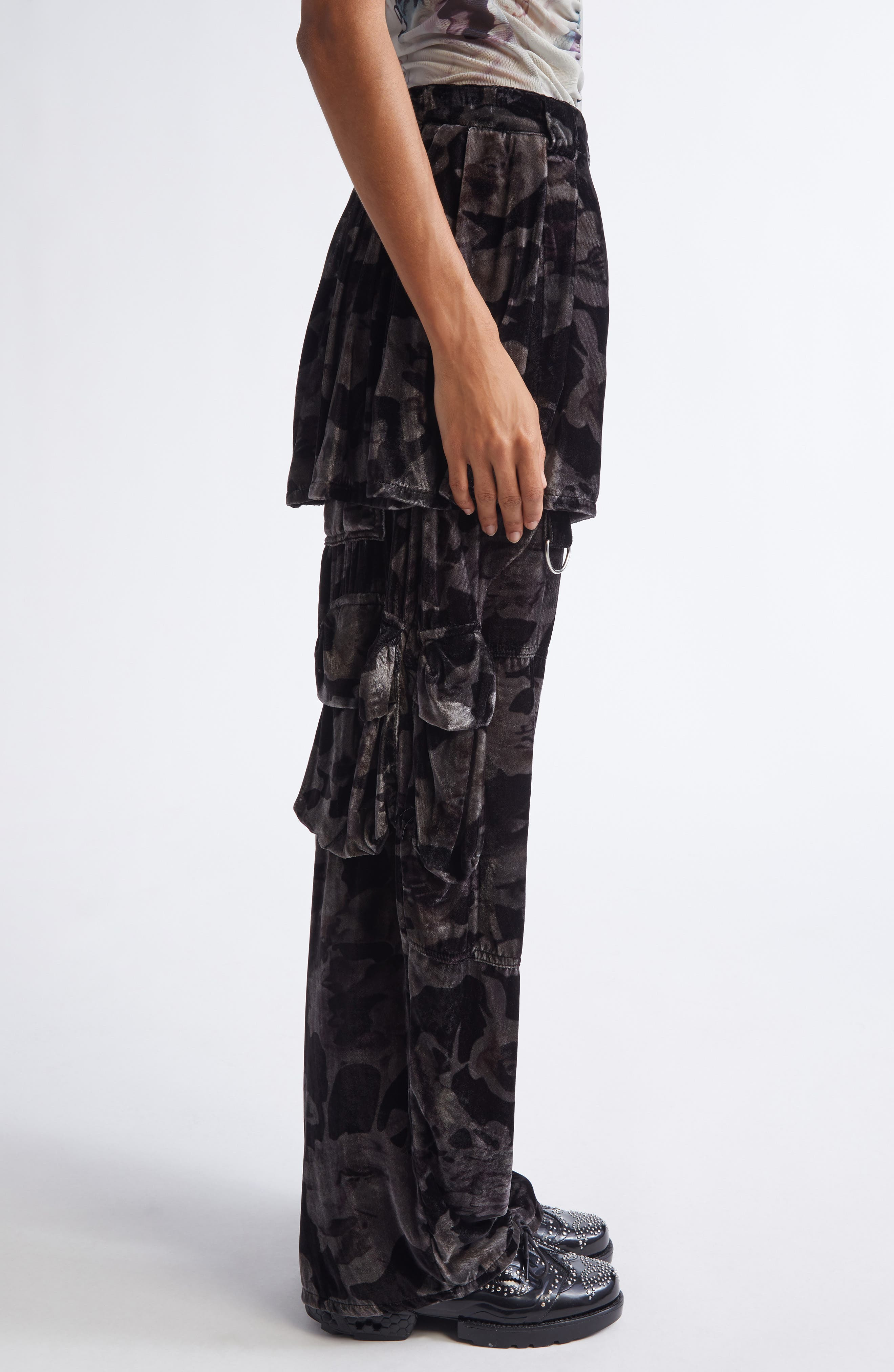 Collina Strada Lawn Plaid Skirt Overlay Cargo Pants in Black Watercolor Roses at Nordstrom - 4
