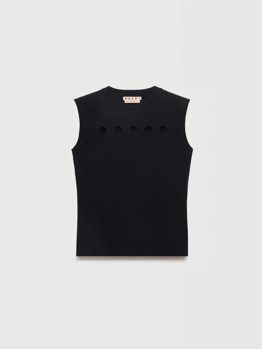 BLACK COTTON SLEEVELESS T-SHIRT WITH CUT-OUT POLKA DOTS - 1