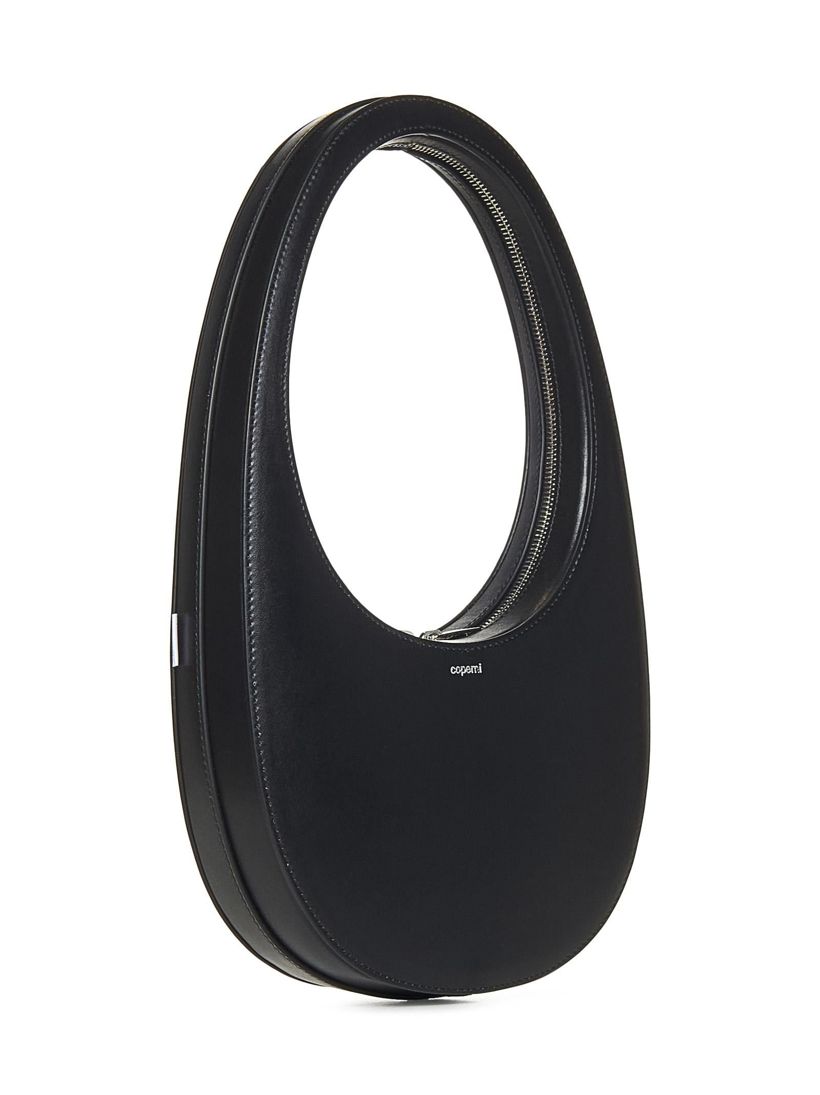 Oval handbag in black leather with silver logo print on the front. - 3