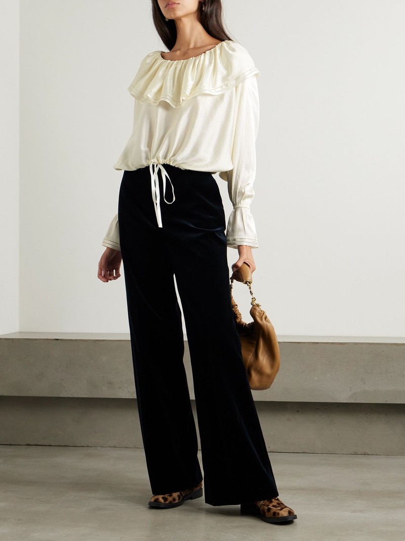 BODE Claret off-the-shoulder ruffled pointelle-trimmed hammered-silk blouse Ivory outlook