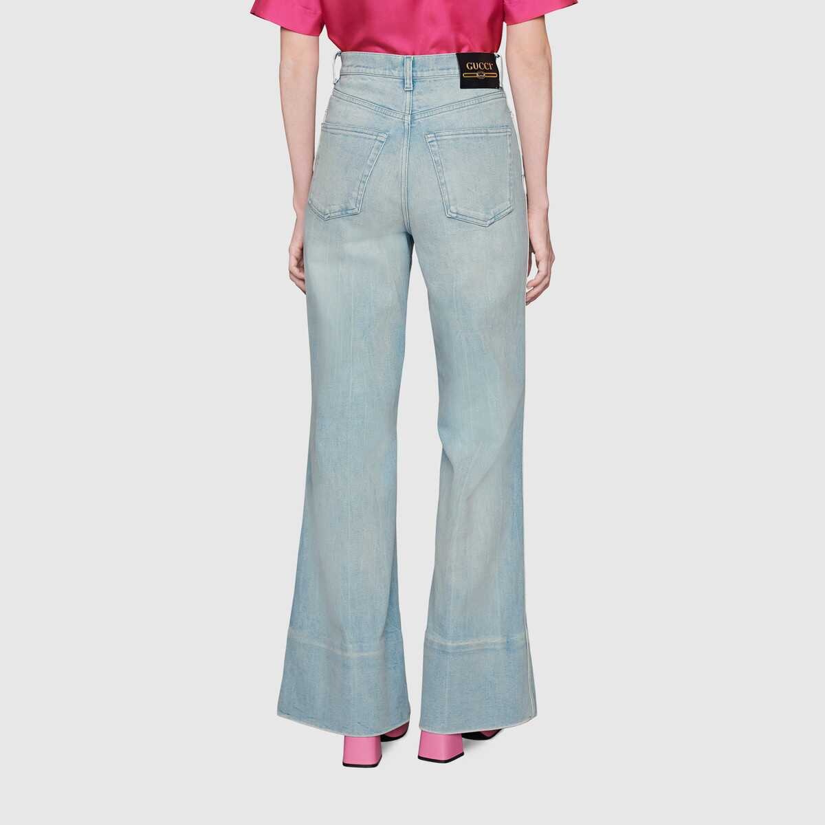 Washed denim flare pant with Gucci label - 5