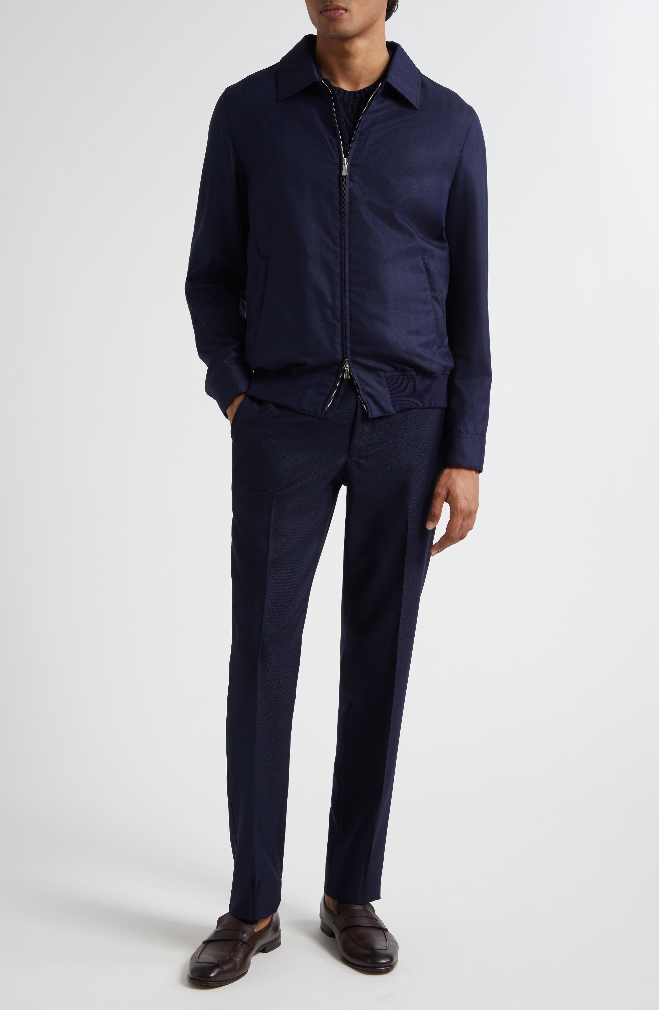 Thom Sweeney Spread Collar Wool Twill Bomber Jacket in Navy at Nordstrom - 2