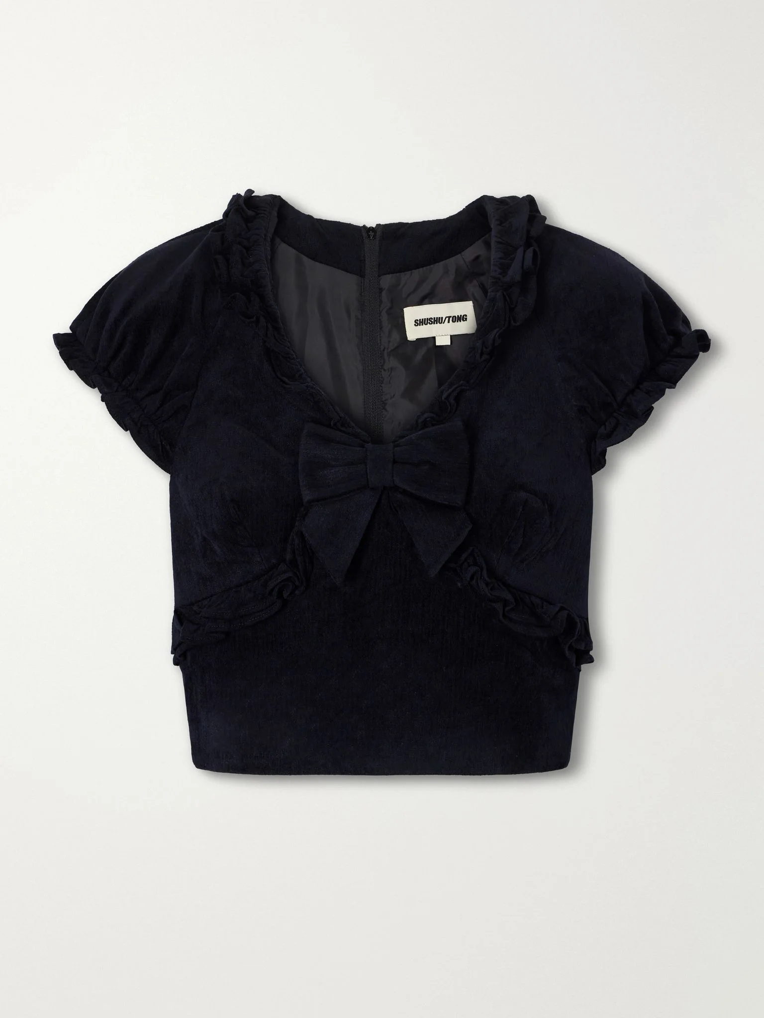 Crisscross cropped bow-detailed ruffled velvet top Navy - 1