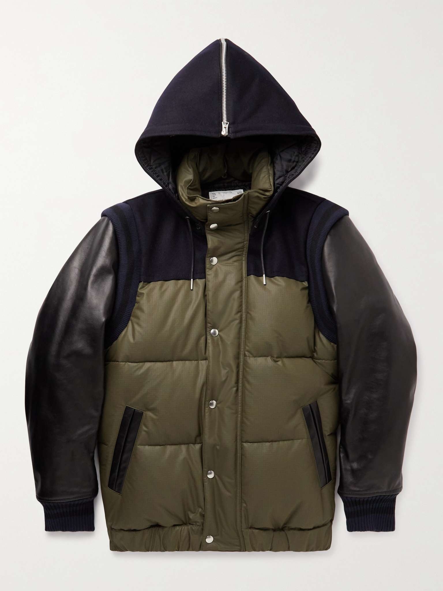 Quilted Ripstop, Leather, Felt and Ribbed-Knit Hooded Down Jacket - 1