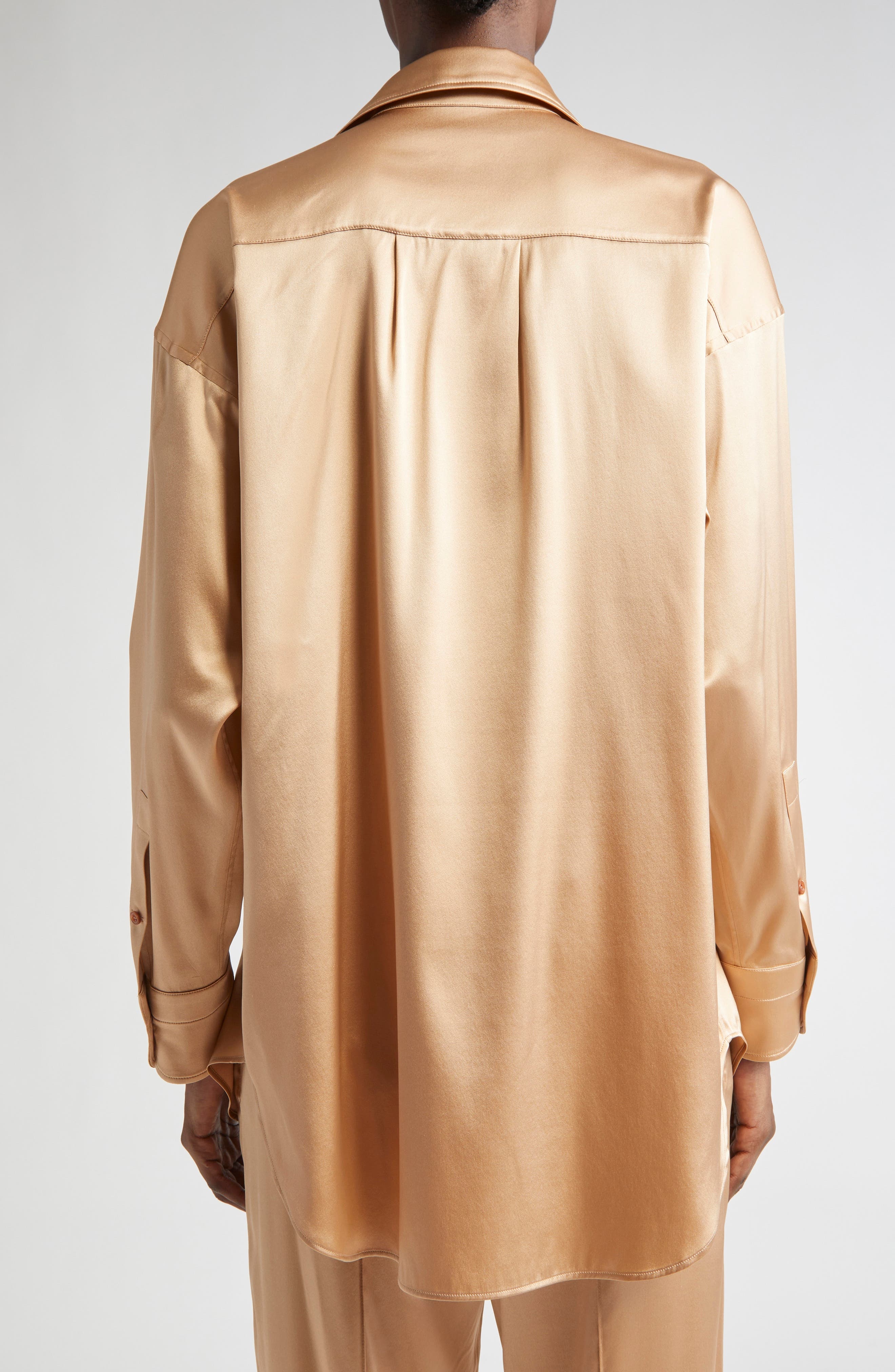 TOM FORD Relaxed Fit Stretch Silk Satin Blouse in Pale Beige at Nordstrom - 3