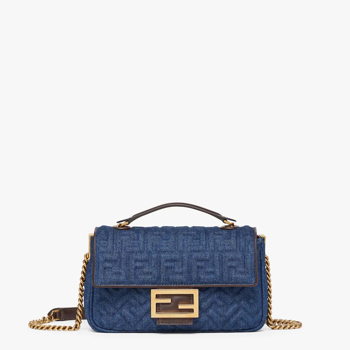 Iconic medium Baguette bag with chain, made of dark blue denim with a 3D texture FF motif. Decorated - 1