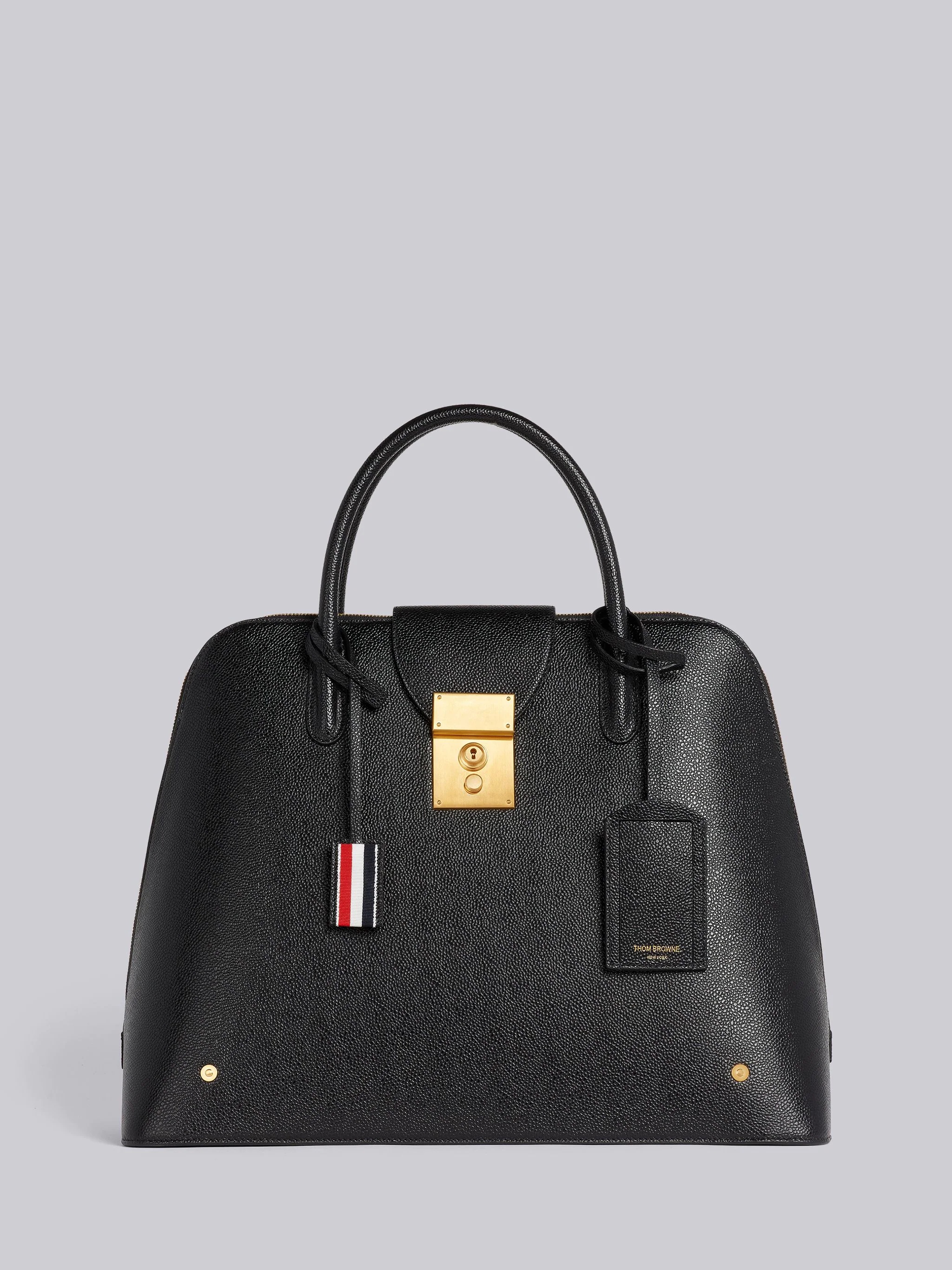 Thom Browne logo print grained leather tote - Black