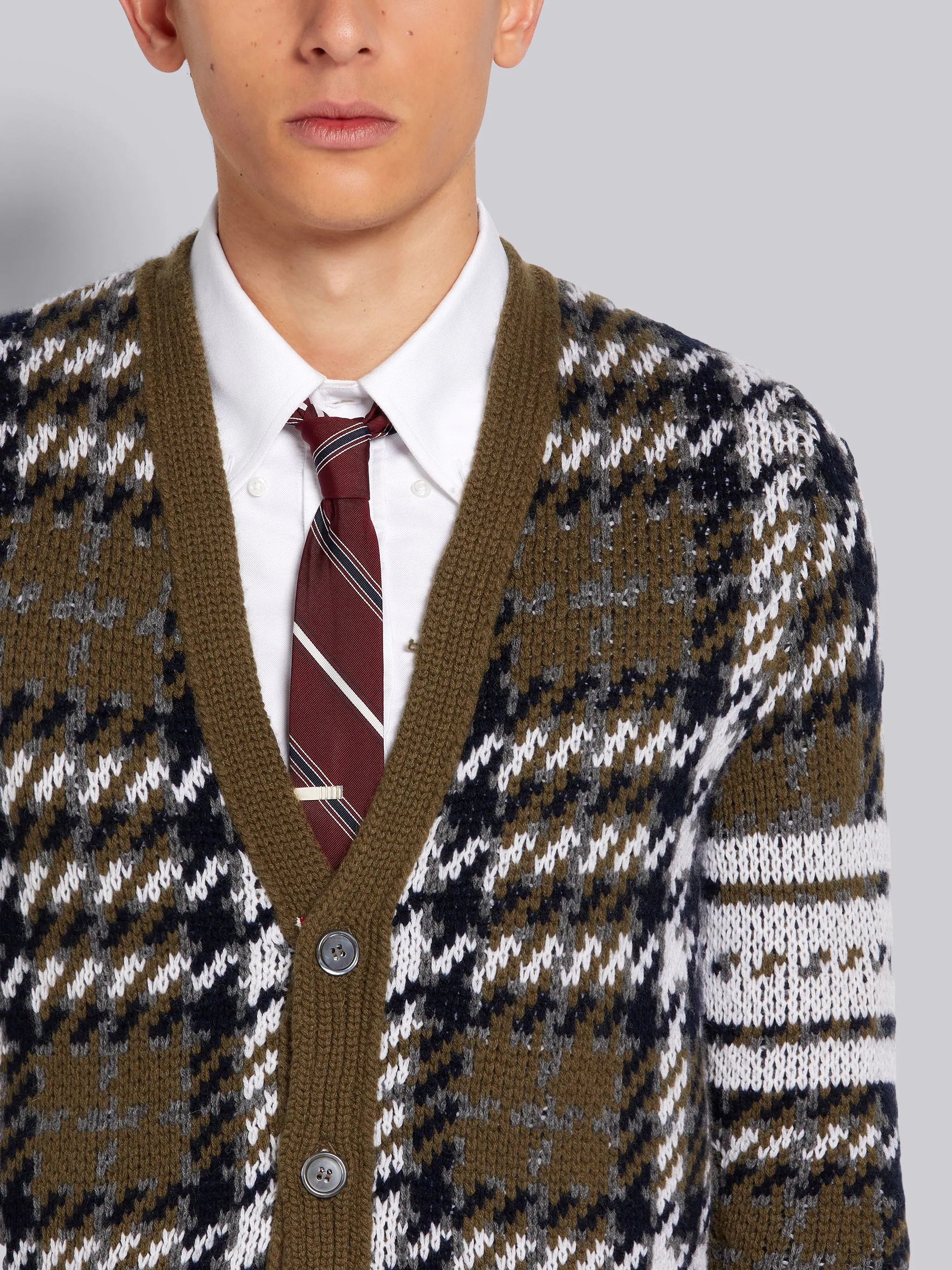 Dark Green Windowpane Check Jacquard Cashmere 4-Bar Stripe Classic V-Neck Cardigan - 5