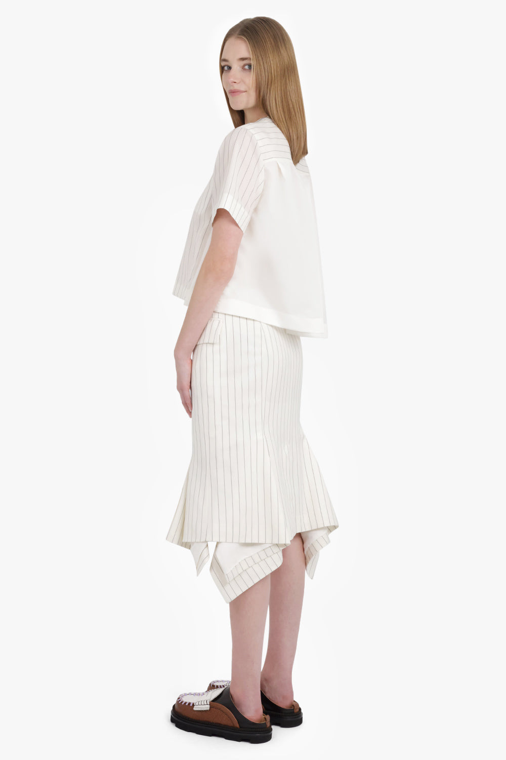 ASYMMETRIC FLARED HEM STRIPE MIDI SKIRT WITH BUTTON DETAIL | OFF WHITE/BLACK - 5