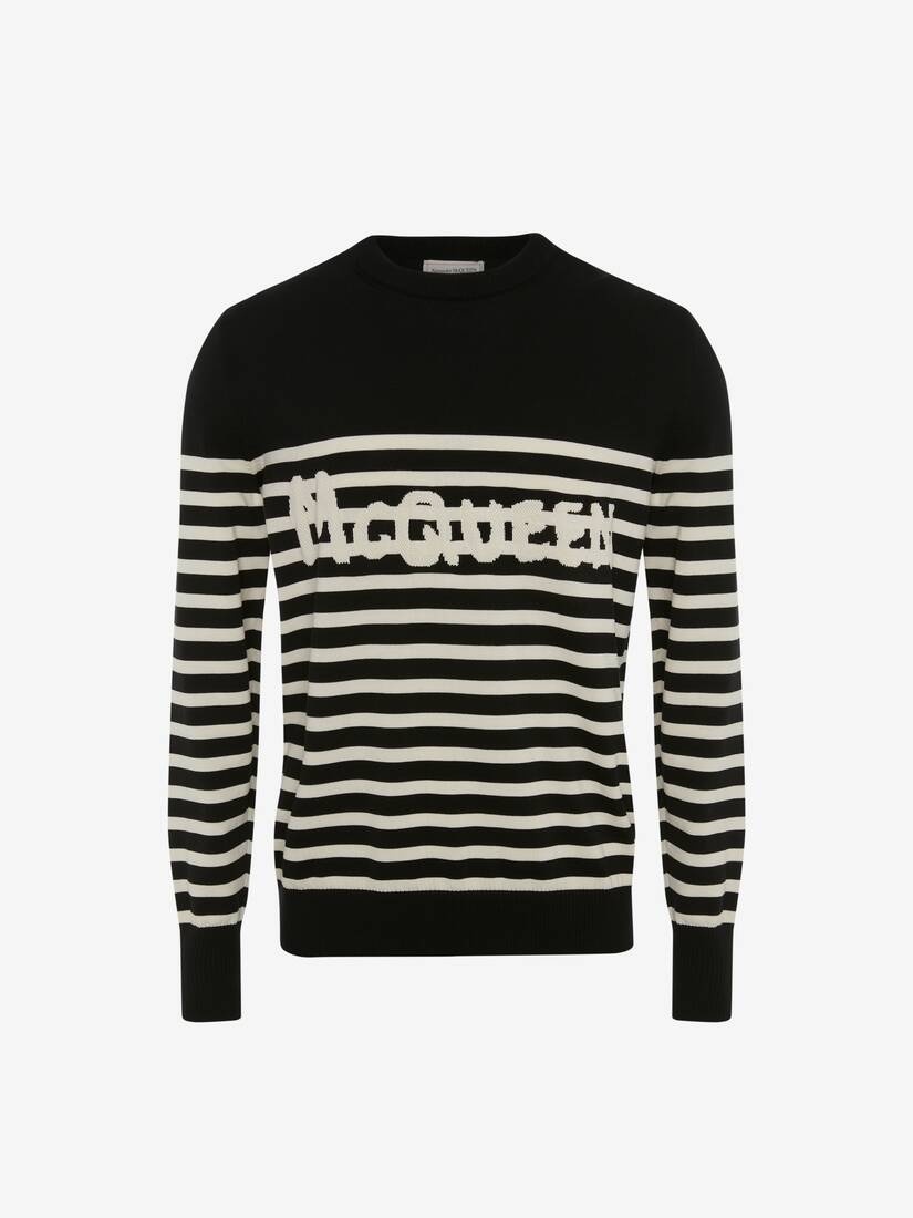 Mcqueen Graffiti Striped Sweatshirt in Black/ivory - 1