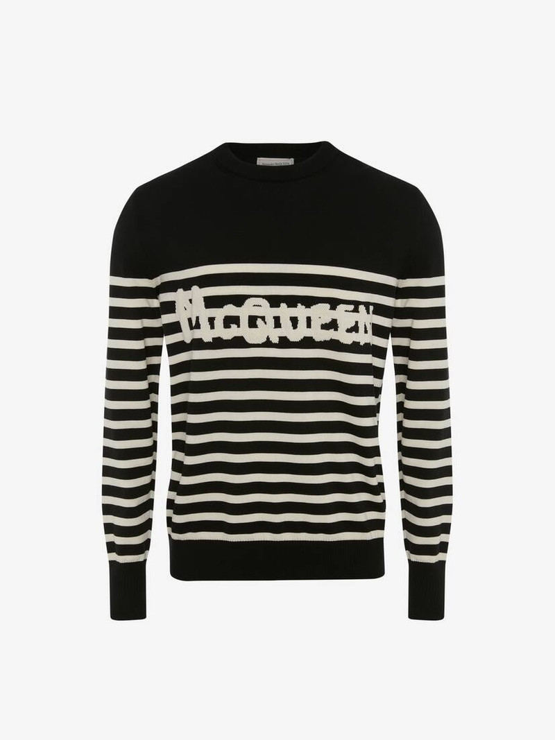 Mcqueen Graffiti Striped Sweatshirt in Black/ivory 1