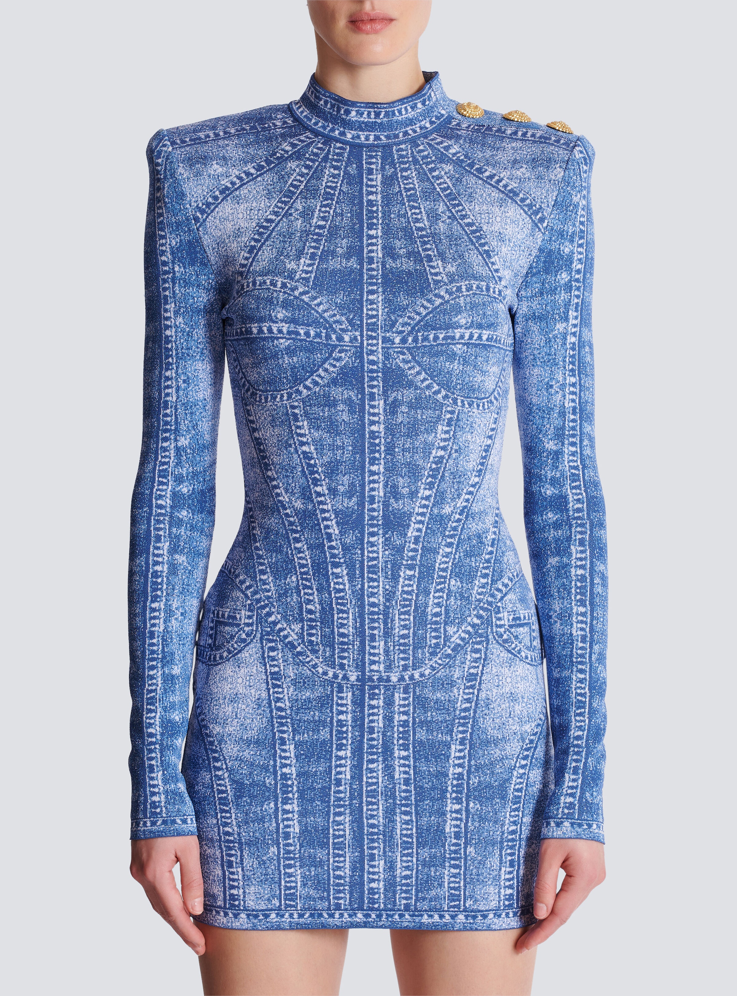 Short jacquard knit dress with denim effect - 5