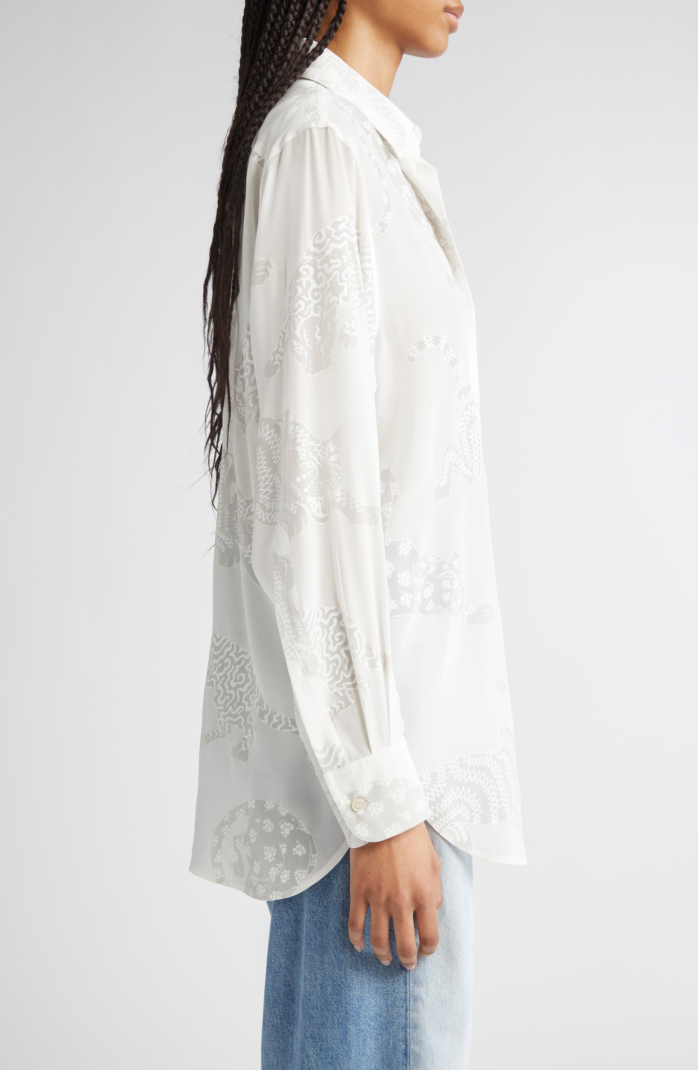 Stella McCartney Wildcat Print Silk Button-Up Shirt in Natural at Nordstrom - 4
