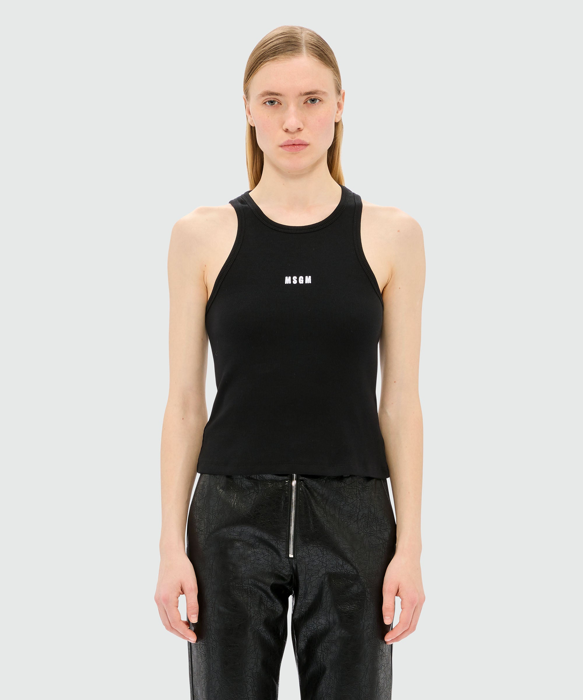 Black ribbed jersey top with white MSGM logo - 2