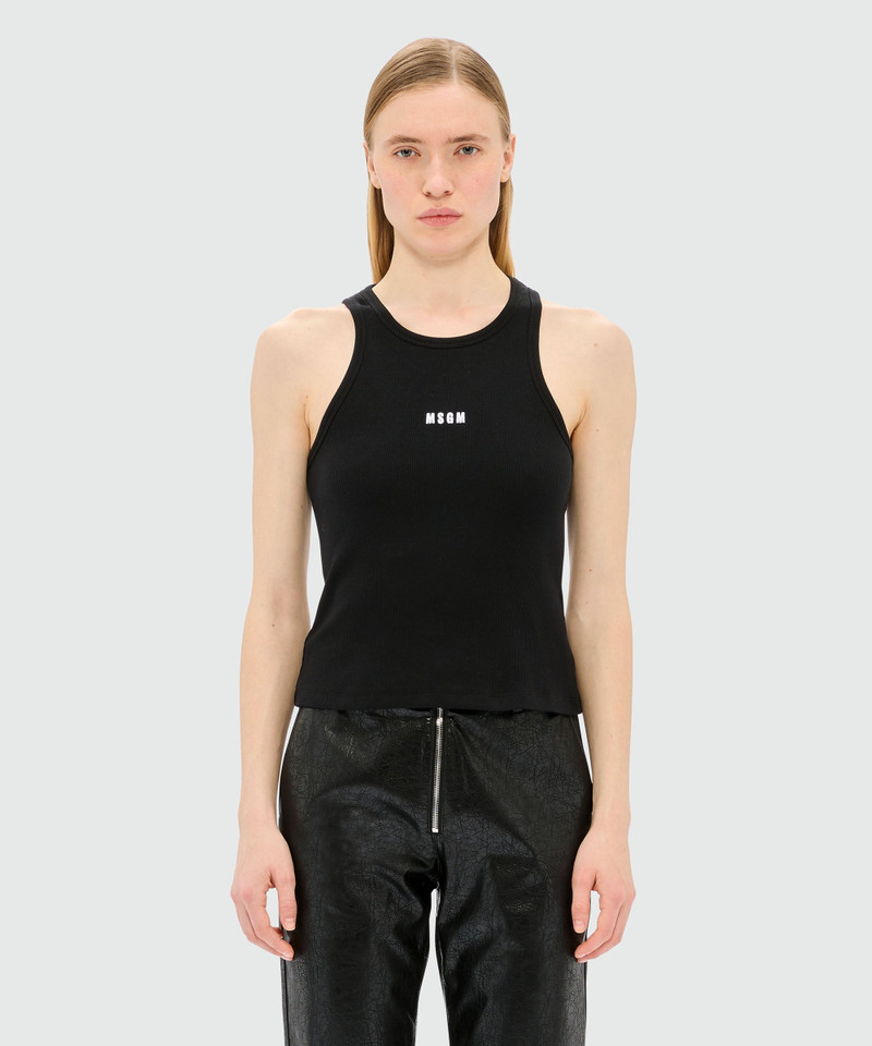 MSGM Black ribbed jersey top with white MSGM logo outlook