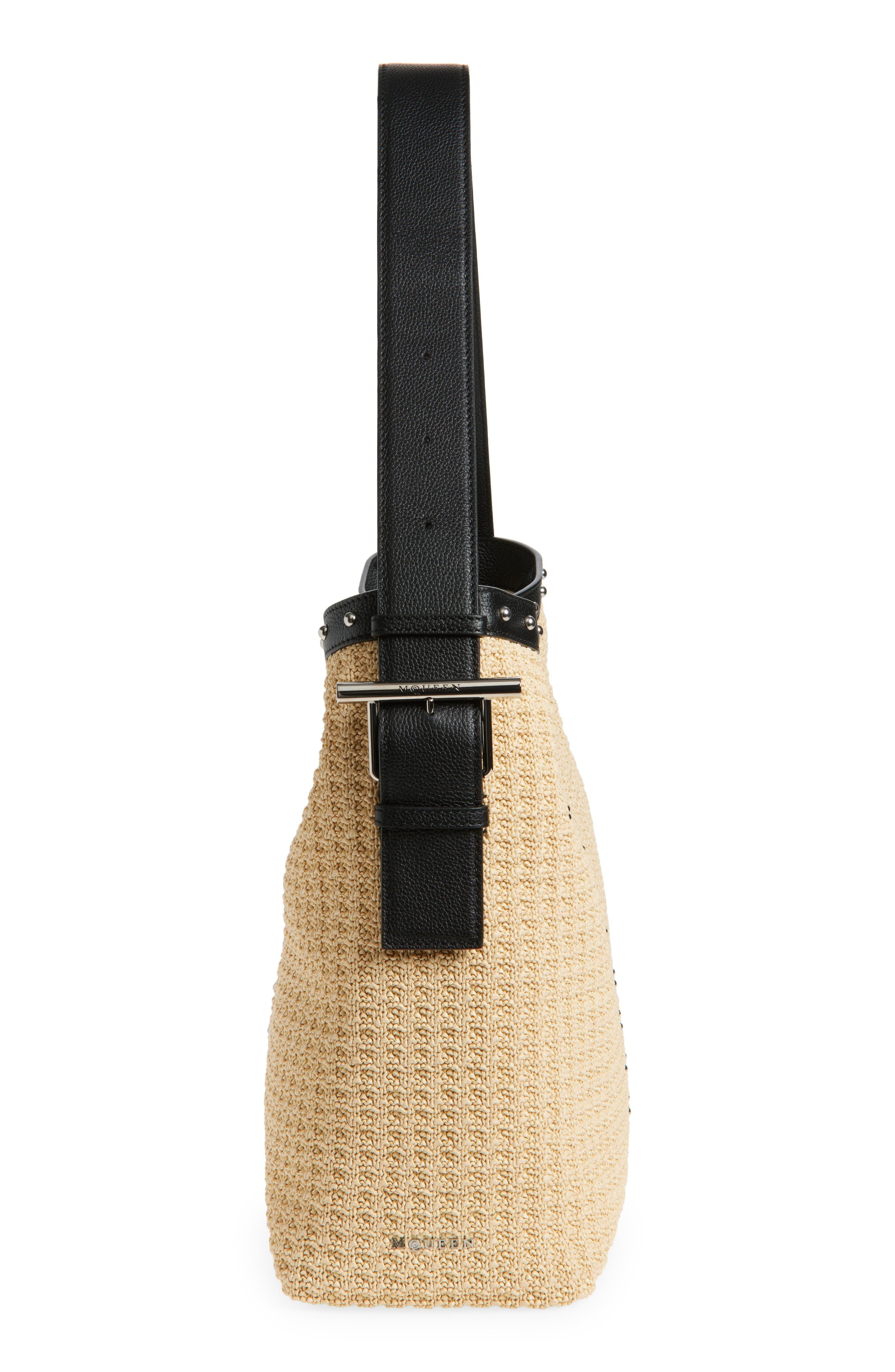 McQueen T-Bar Sling Studded Raffia & Leather Shoulder Bag in Natural/Black/Silver at Nordstrom - 6