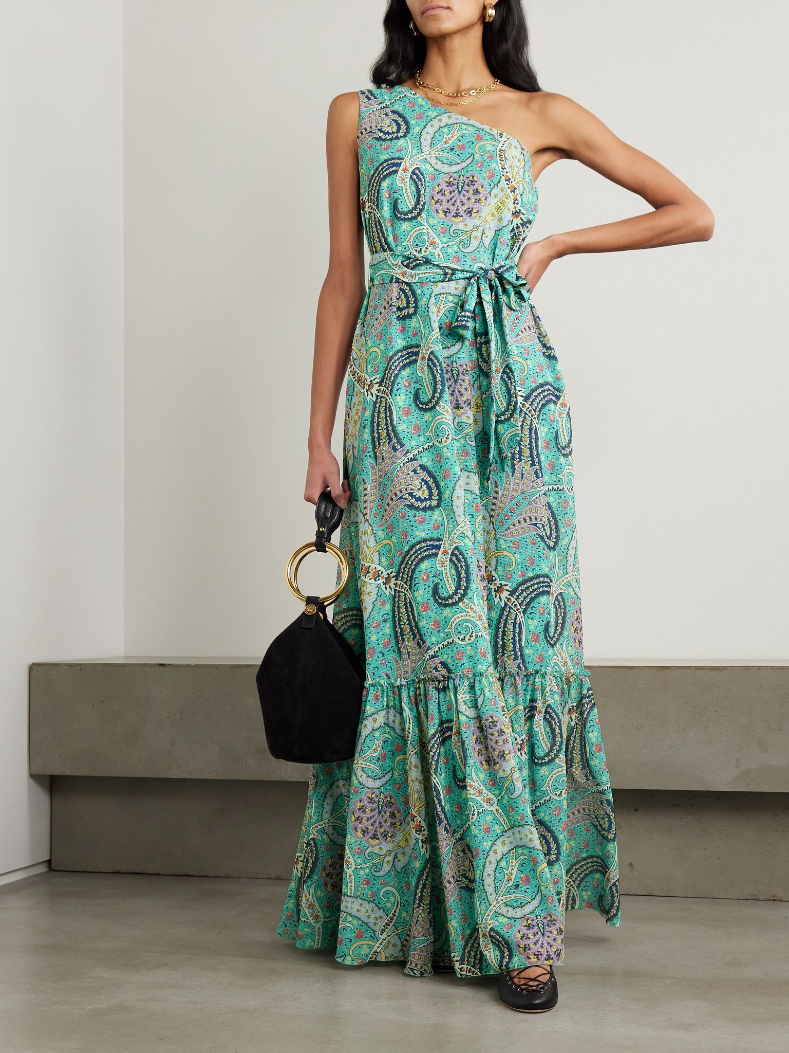 One-shoulder belted printed satin-jacquard maxi dress Light blue - 2